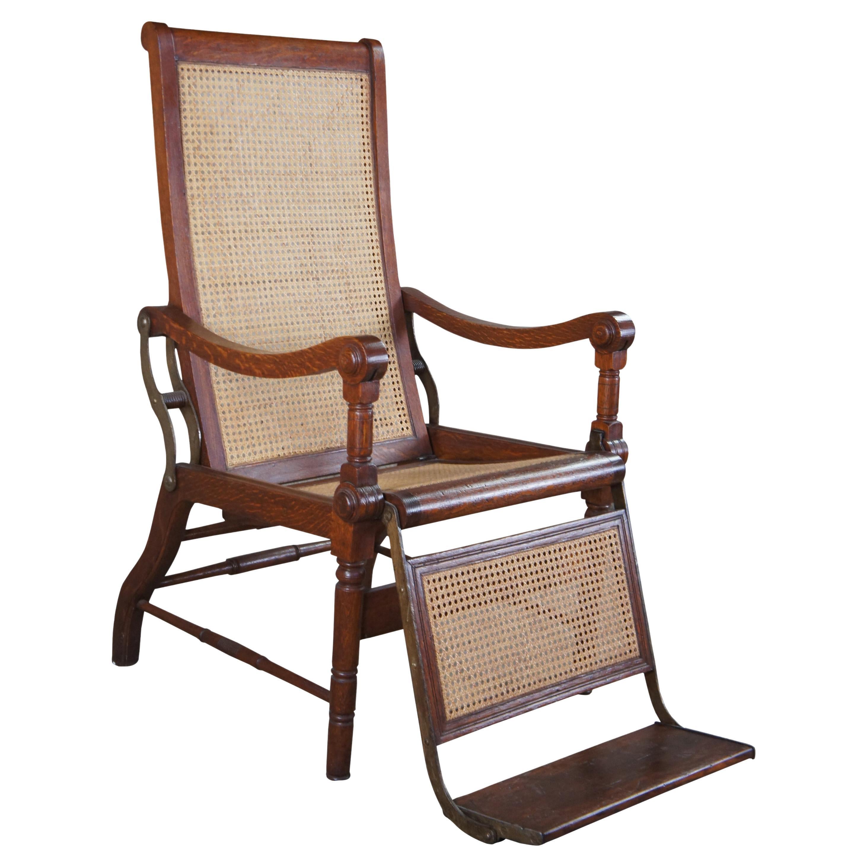 Antique British Colonial 1830s Caned Oak Reclining Mechanical Dental Arm Chair (fauteuil dentaire mécanique inclinable)