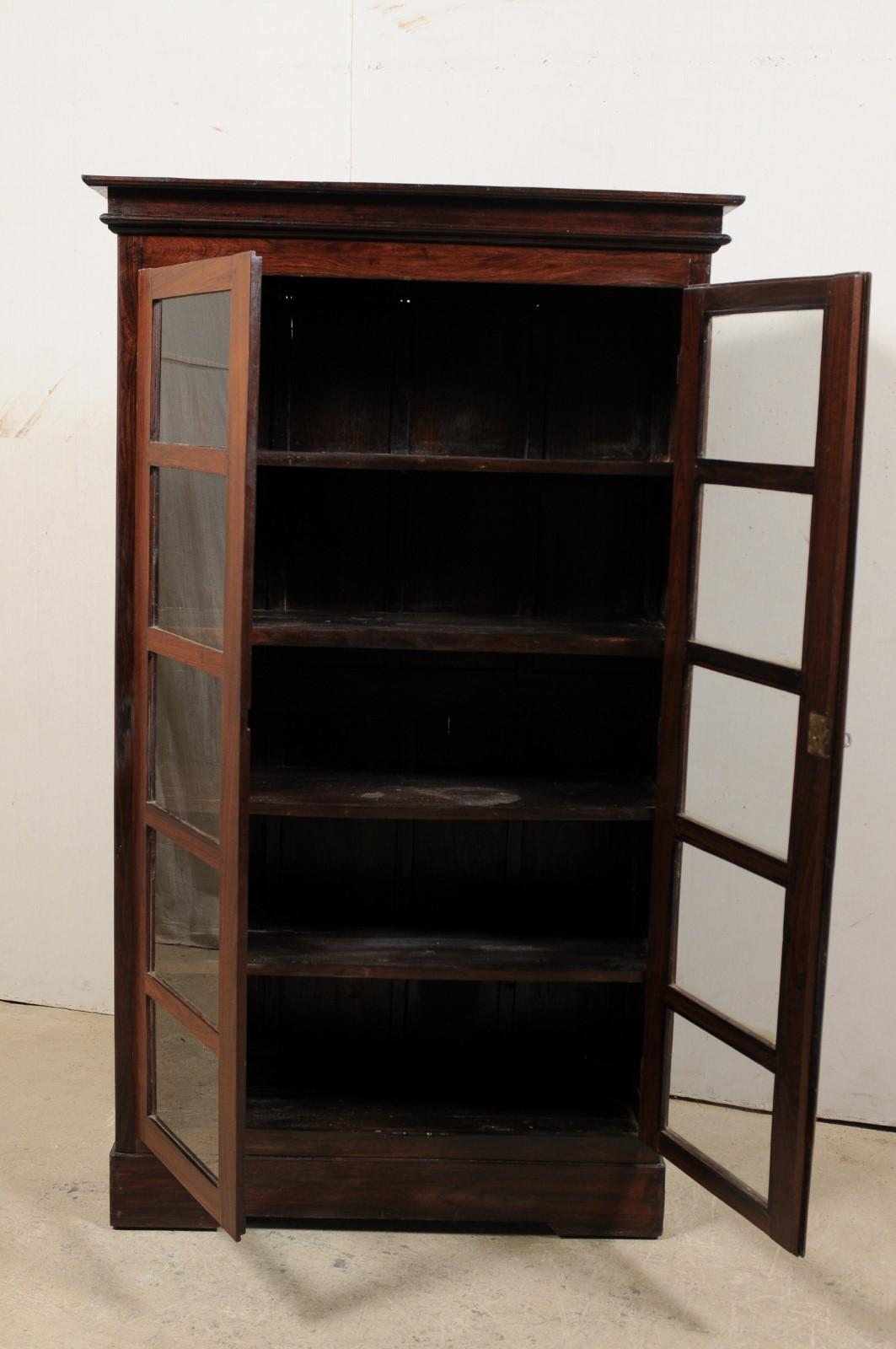 Indian Antique British Colonial Rosewood Cabinet with Glass Panel Doors For Sale