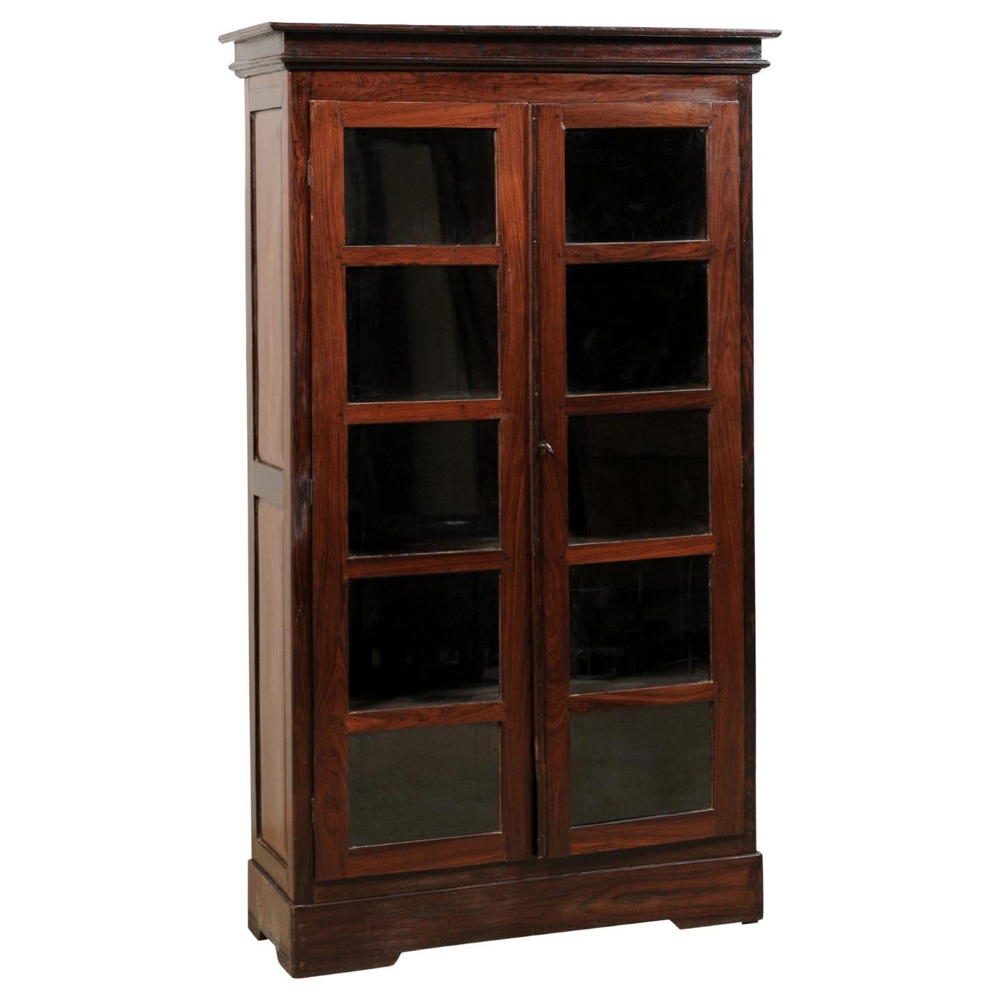 Antique British Colonial Rosewood Cabinet with Glass Panel Doors For Sale