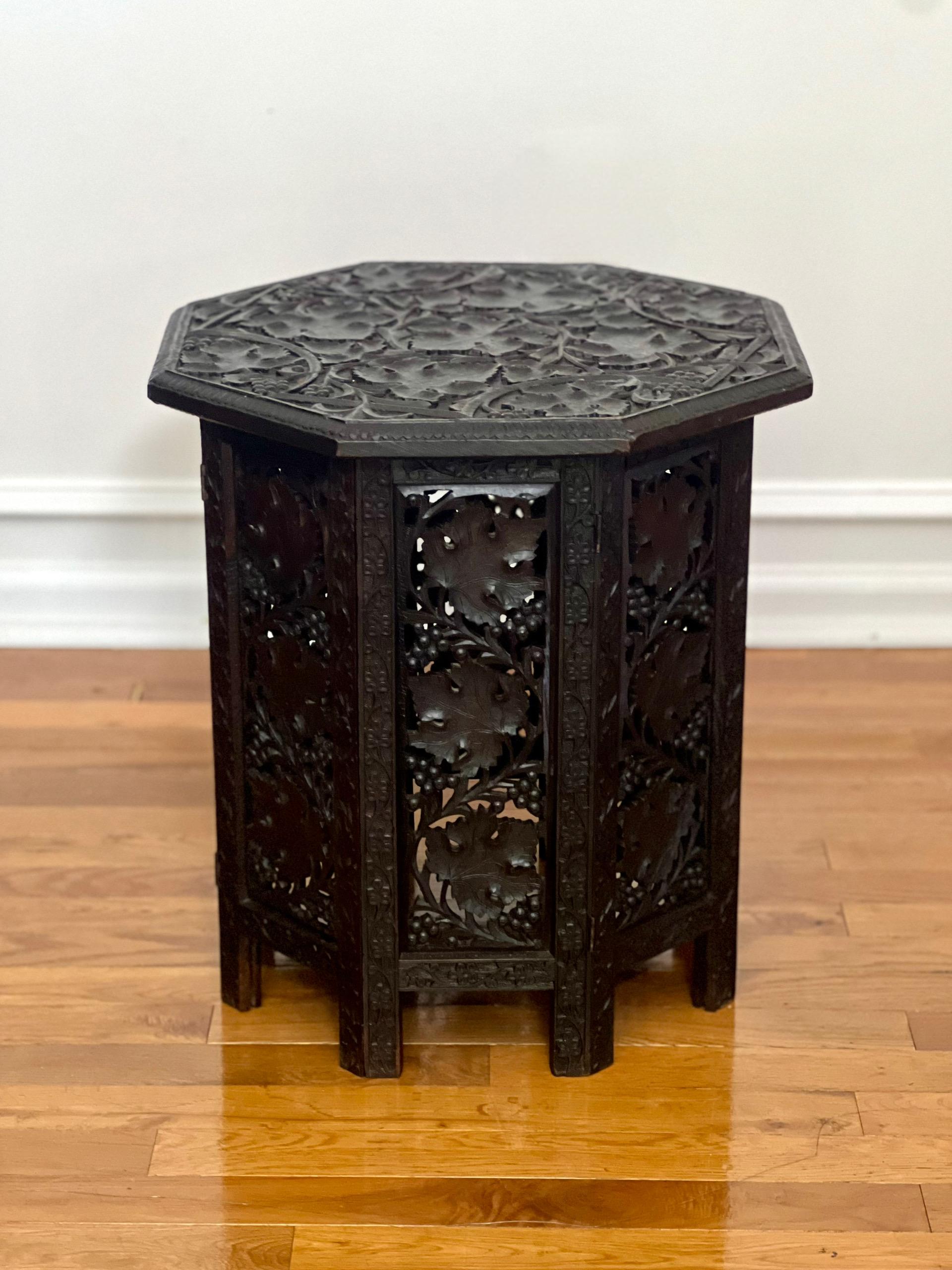 Hand-Carved Antique British Colonial Anglo Indian Ebonized Octagonal Hardwood Side Table