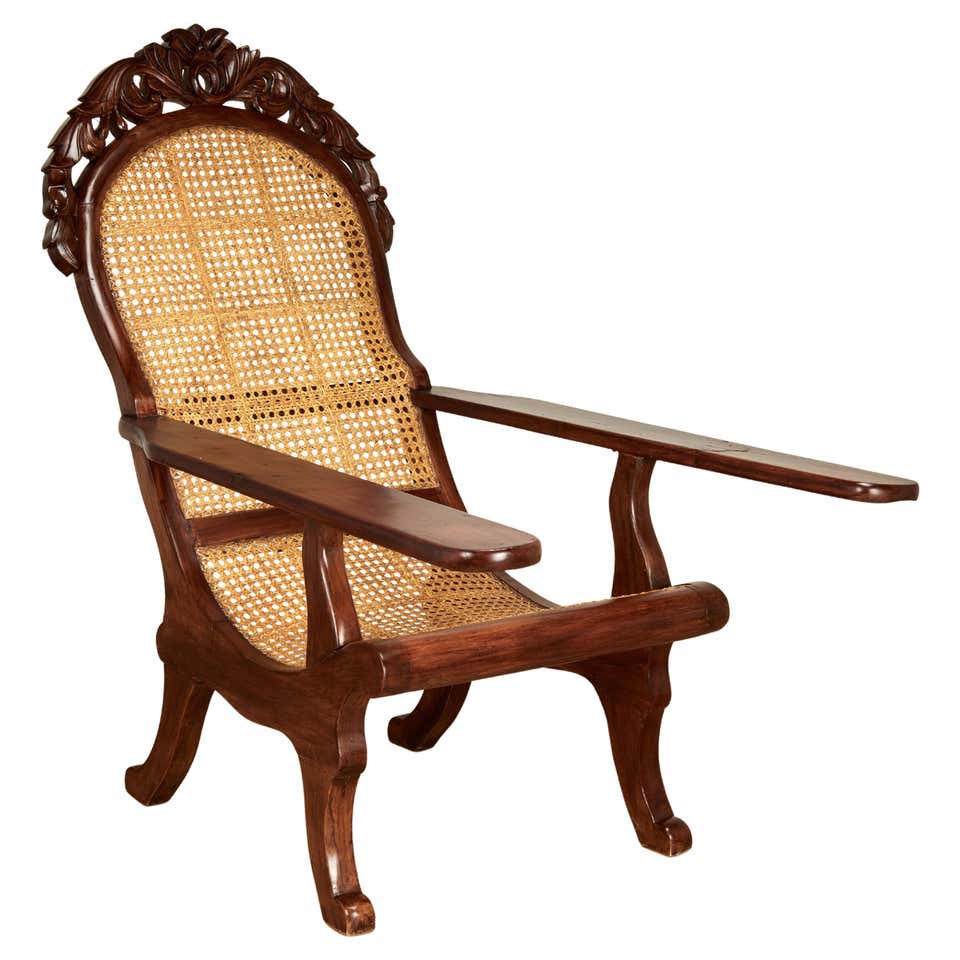 Dutch Colonial Wood and Rattan Lounge Chair with Slanted Back and ...