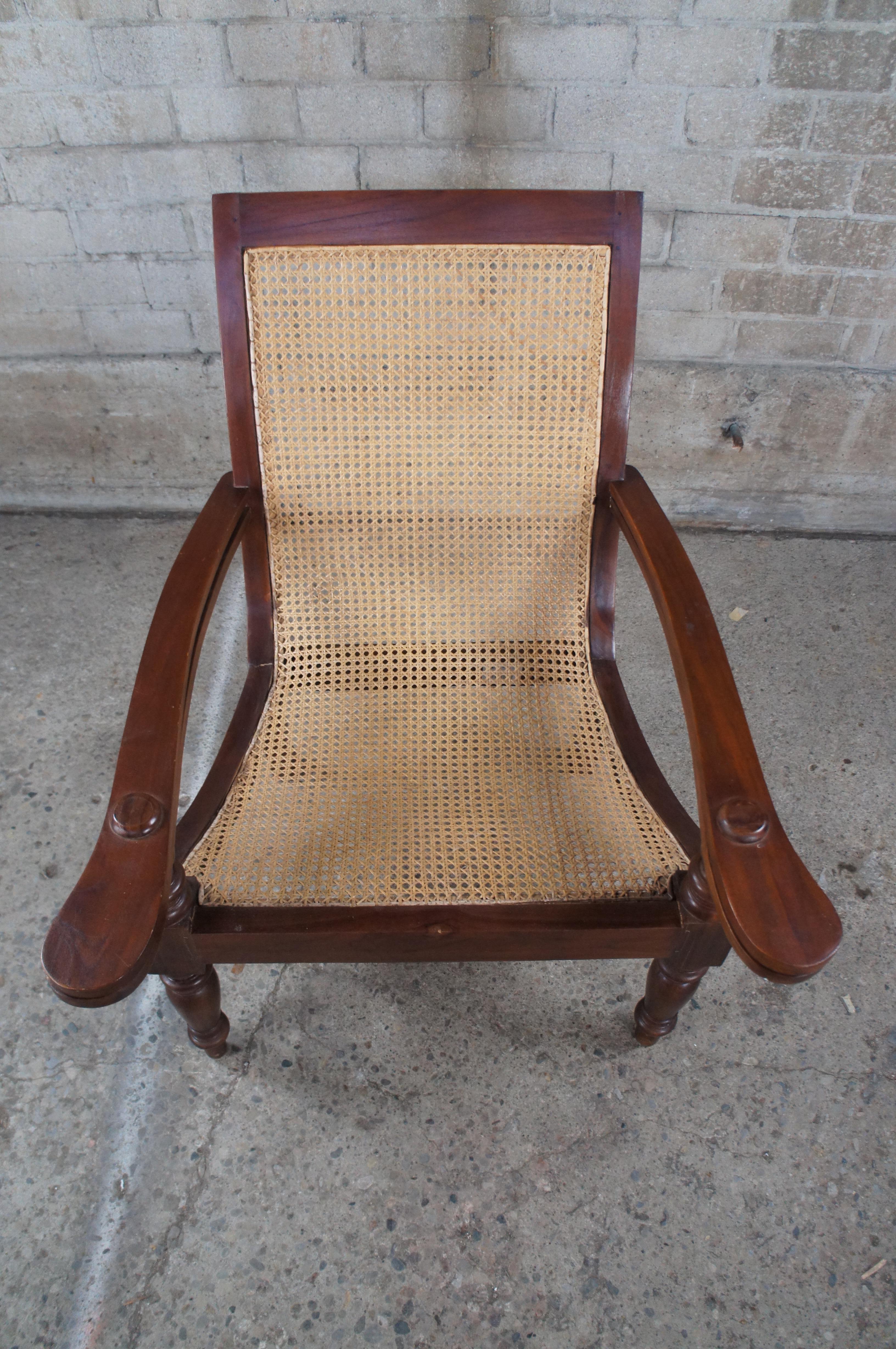 Upholstery Antique British Colonial Anglo Indian Teak Extendable Arm Caned Plantation Chair