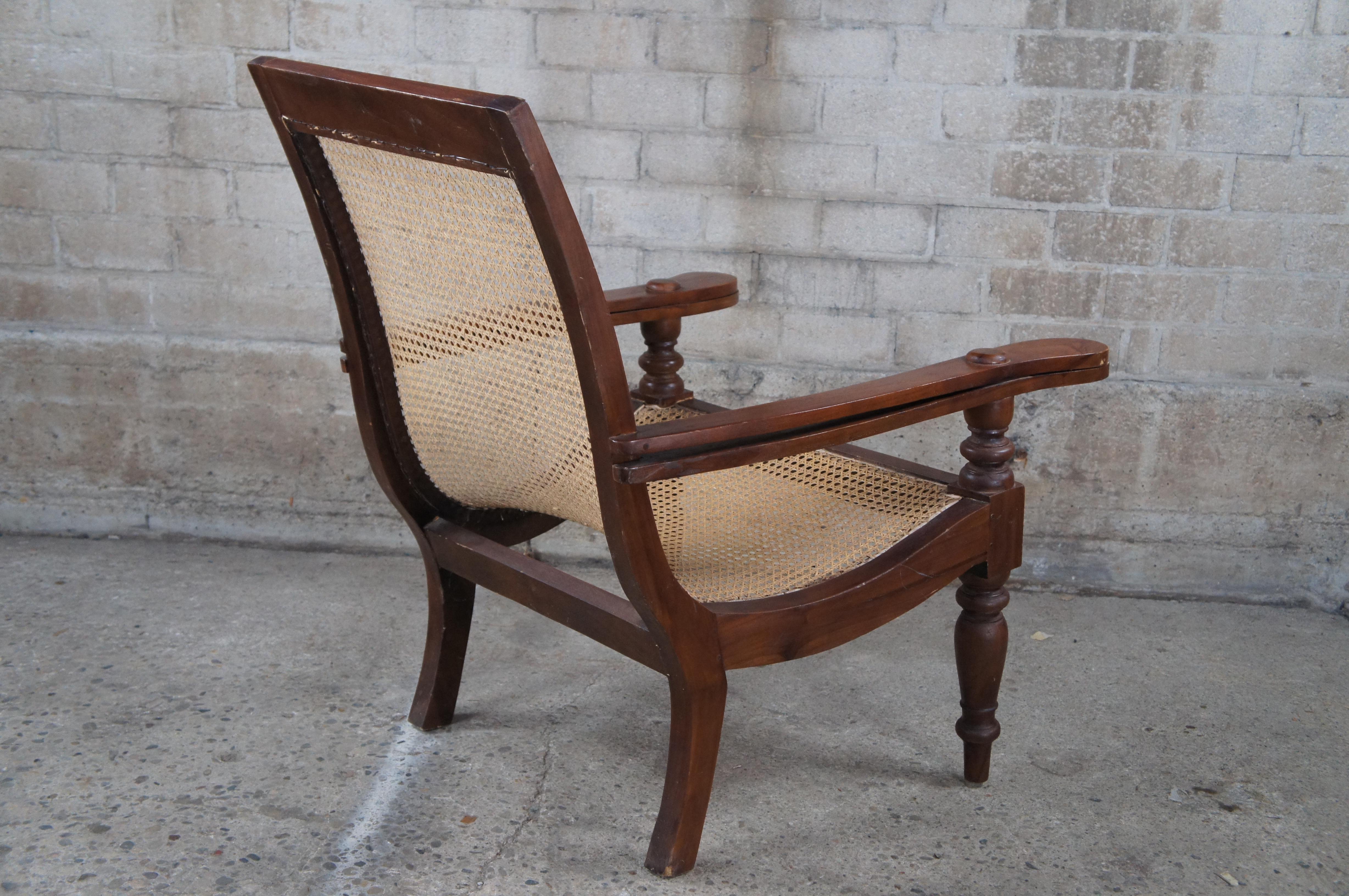 Antique British Colonial Anglo Indian Teak Extendable Arm Caned Plantation Chair 3