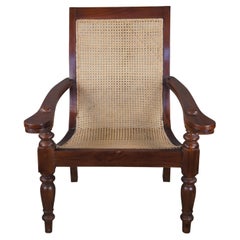 Vintage British Colonial Anglo Indian Teak Extendable Arm Caned Plantation Chair