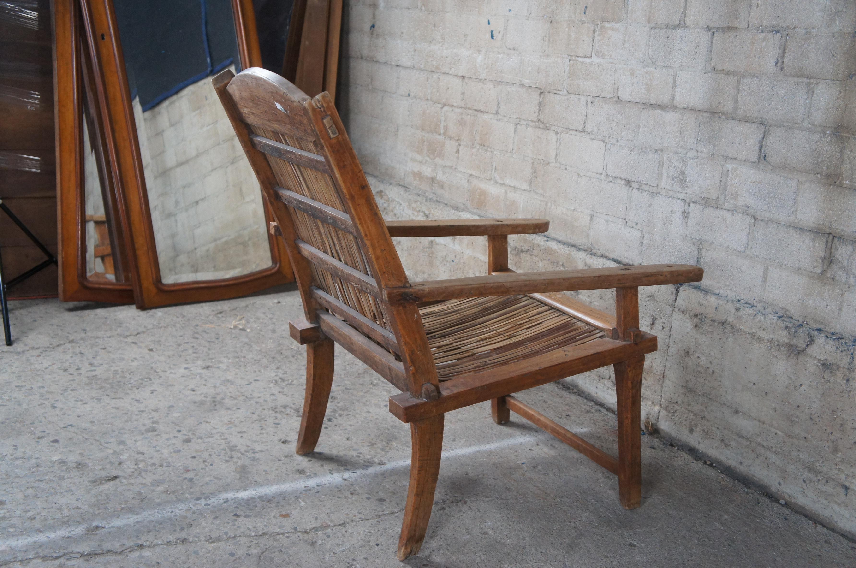 20th Century Antique British Colonial Anglo Indian Teak Split Reed Rattan Plantation Chair For Sale