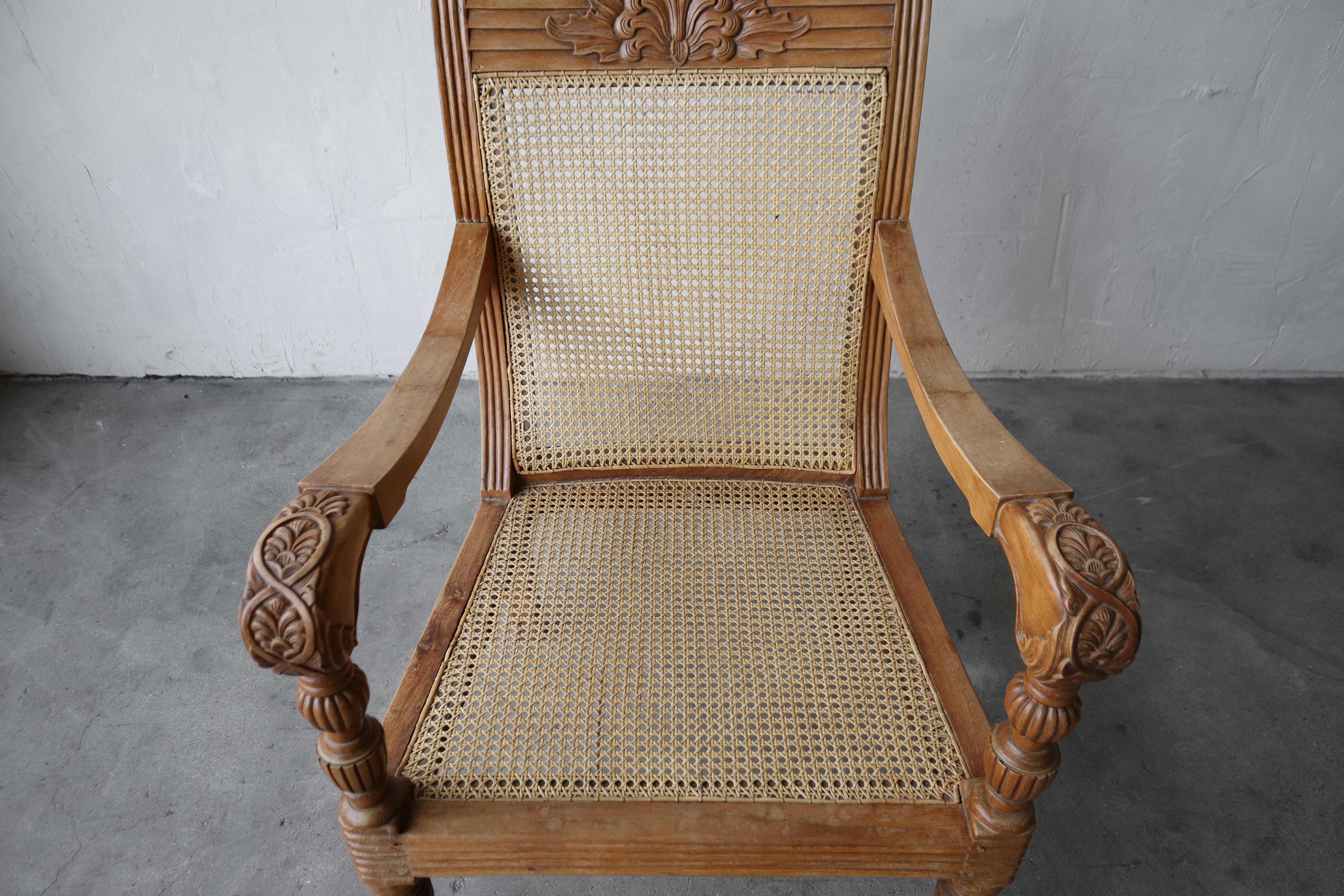 Antique British Colonial Cane and Carved Teak Lounge Chair For Sale 6