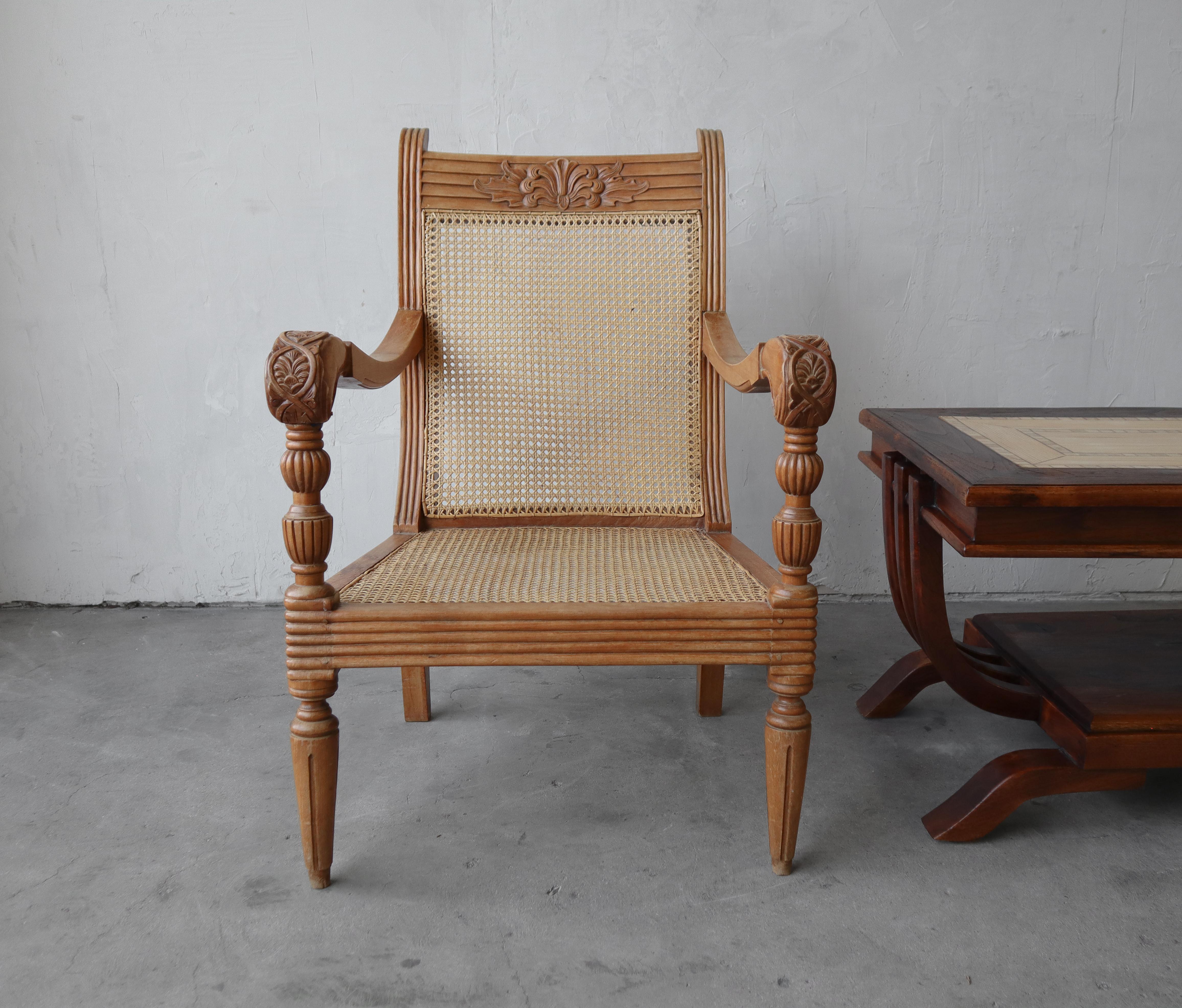 Antique British Colonial Cane and Carved Teak Lounge Chair In Good Condition For Sale In Las Vegas, NV