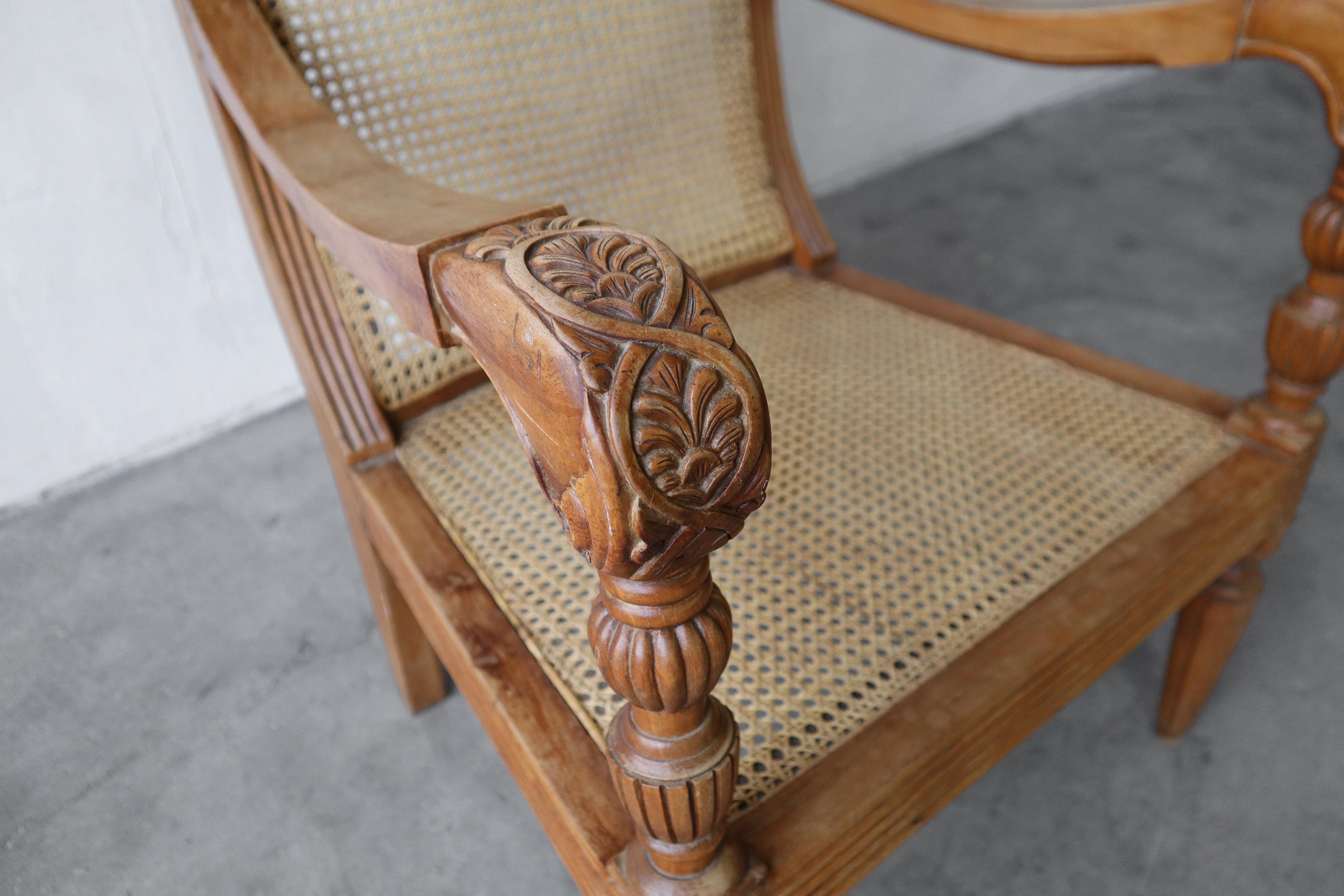Antique British Colonial Cane and Carved Teak Lounge Chair 1