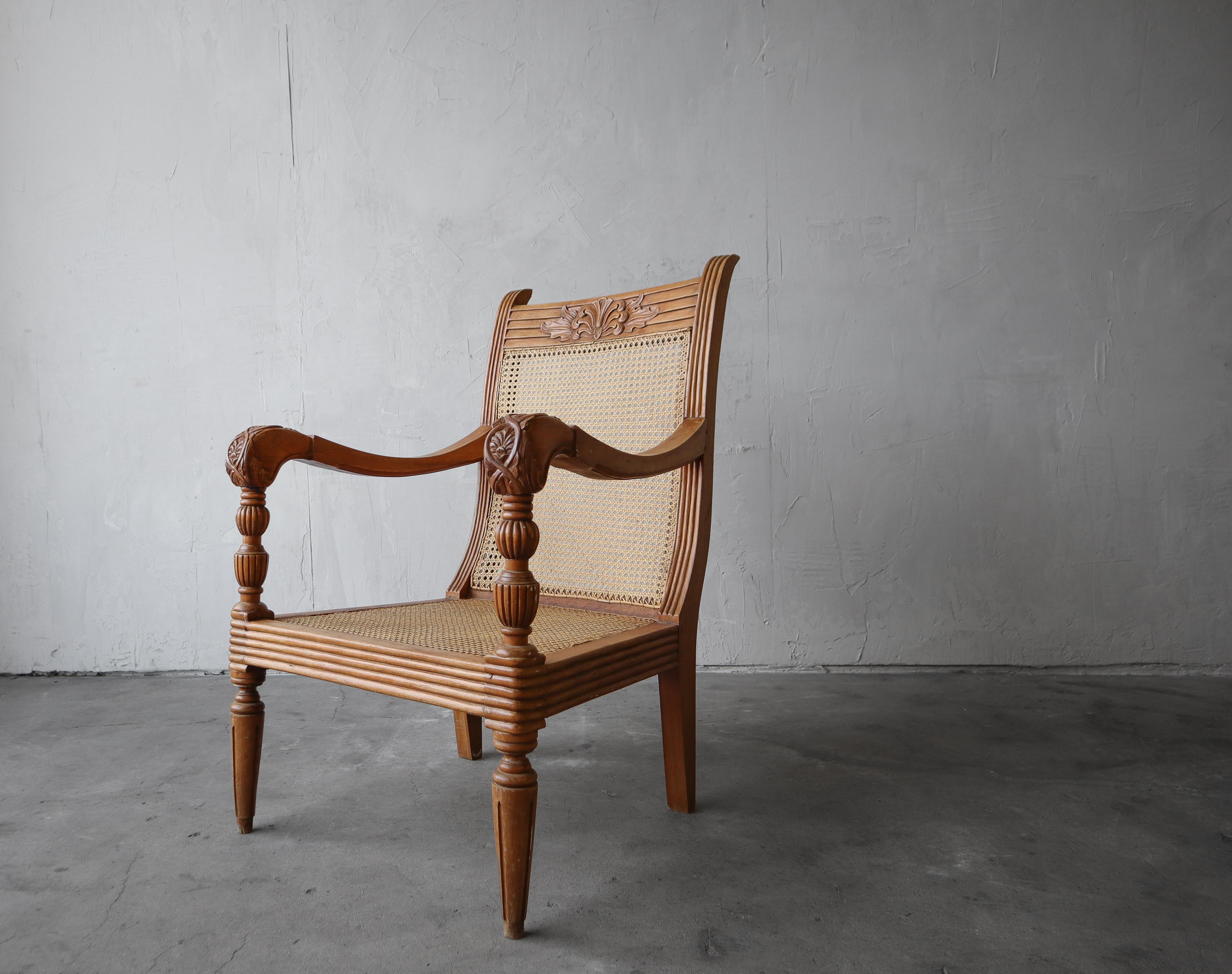 Antique British Colonial Cane and Carved Teak Lounge Chair For Sale 3