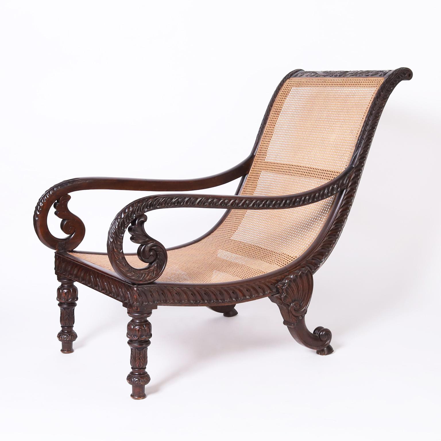 Antique British Colonial Caned and Carved Planters Chair In Good Condition For Sale In Palm Beach, FL