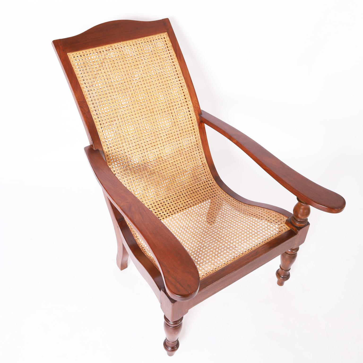 Antique British Colonial Caned Plantation Chair and Ottoman In Good Condition In Palm Beach, FL