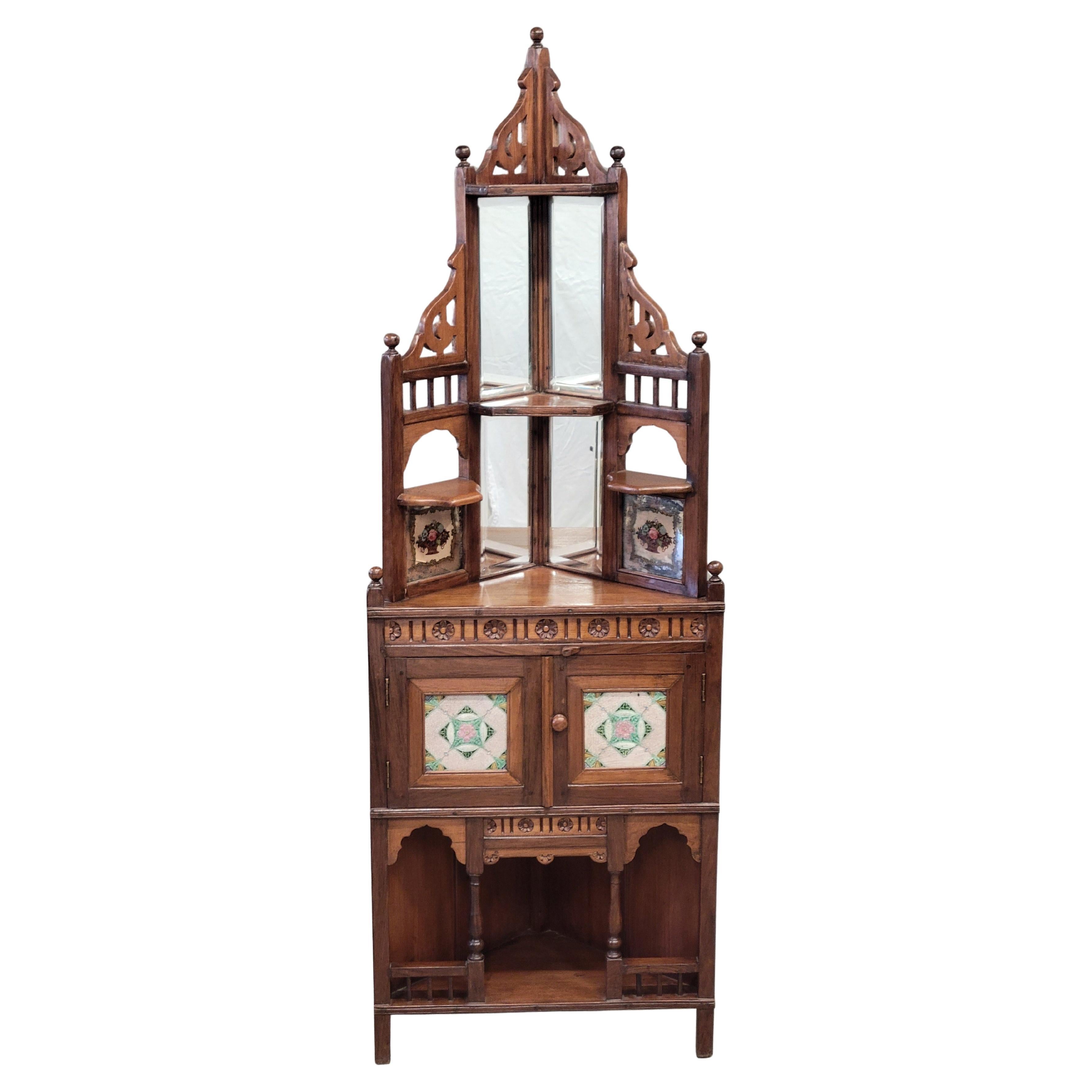 Antique British Colonial Corner Shelf Cabinet With Tiles