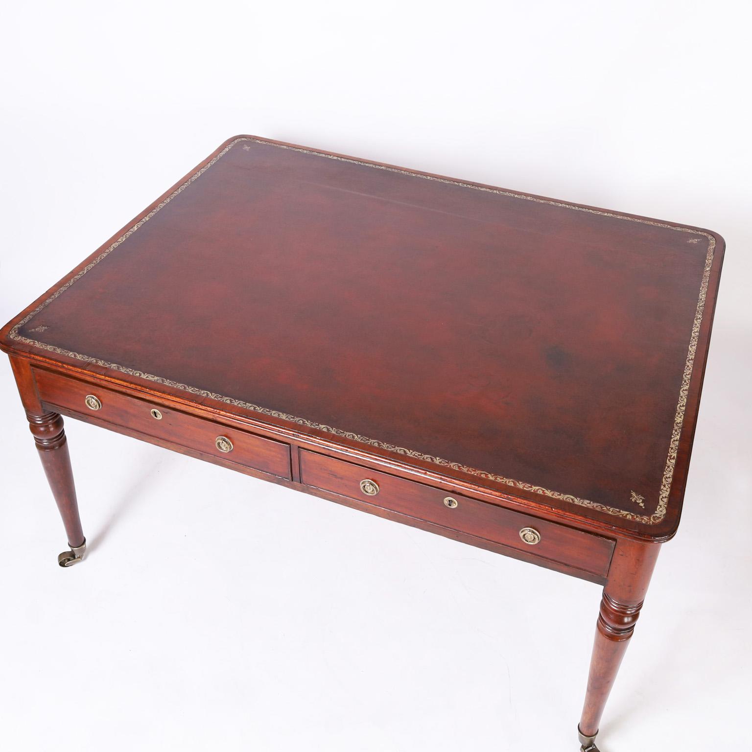 English Antique British Colonial Leather Top Partners Desk For Sale