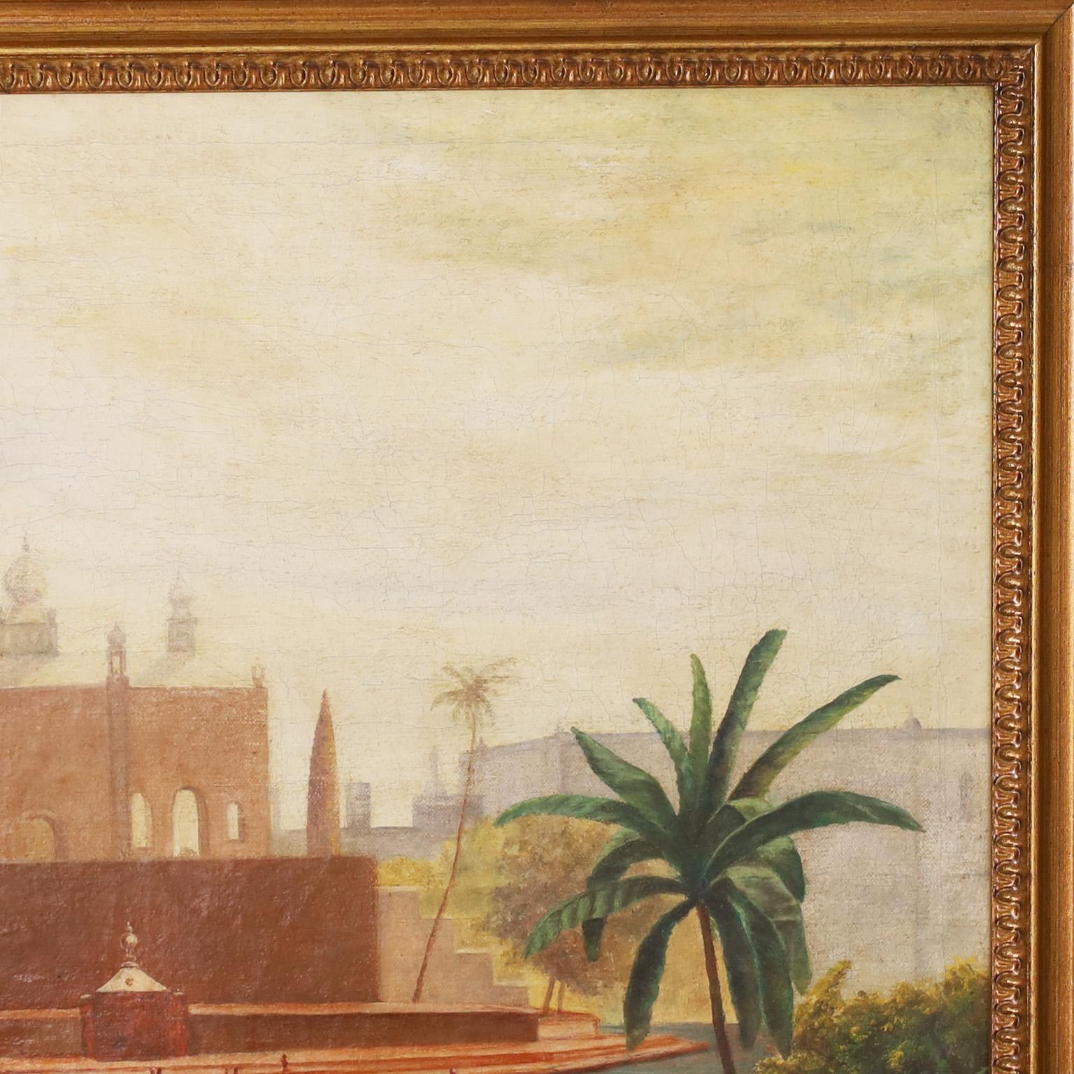 Hand-Painted Antique British Colonial Oil Painting on Canvas of an Indian Palace