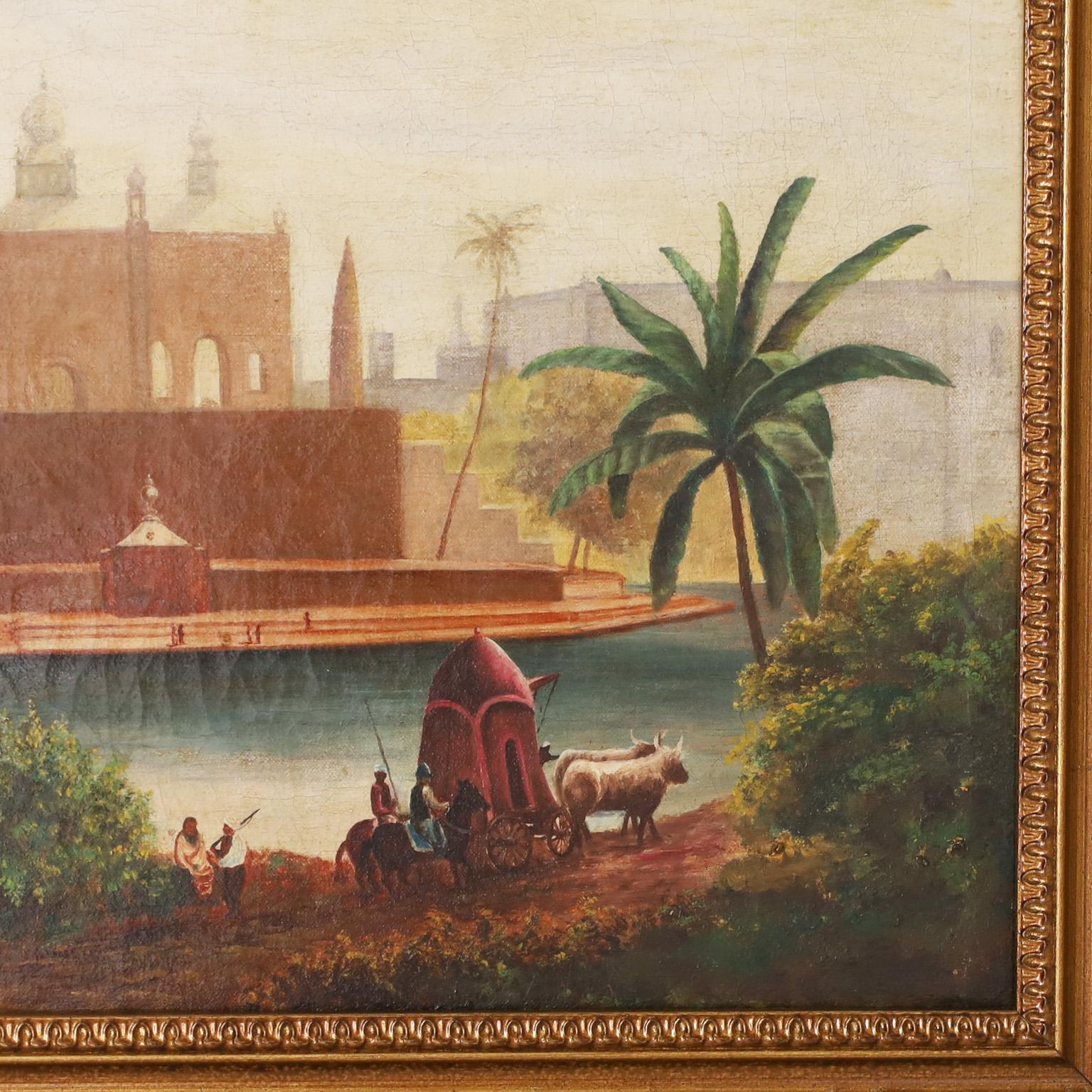 Antique British Colonial Oil Painting on Canvas of an Indian Palace In Good Condition In Palm Beach, FL