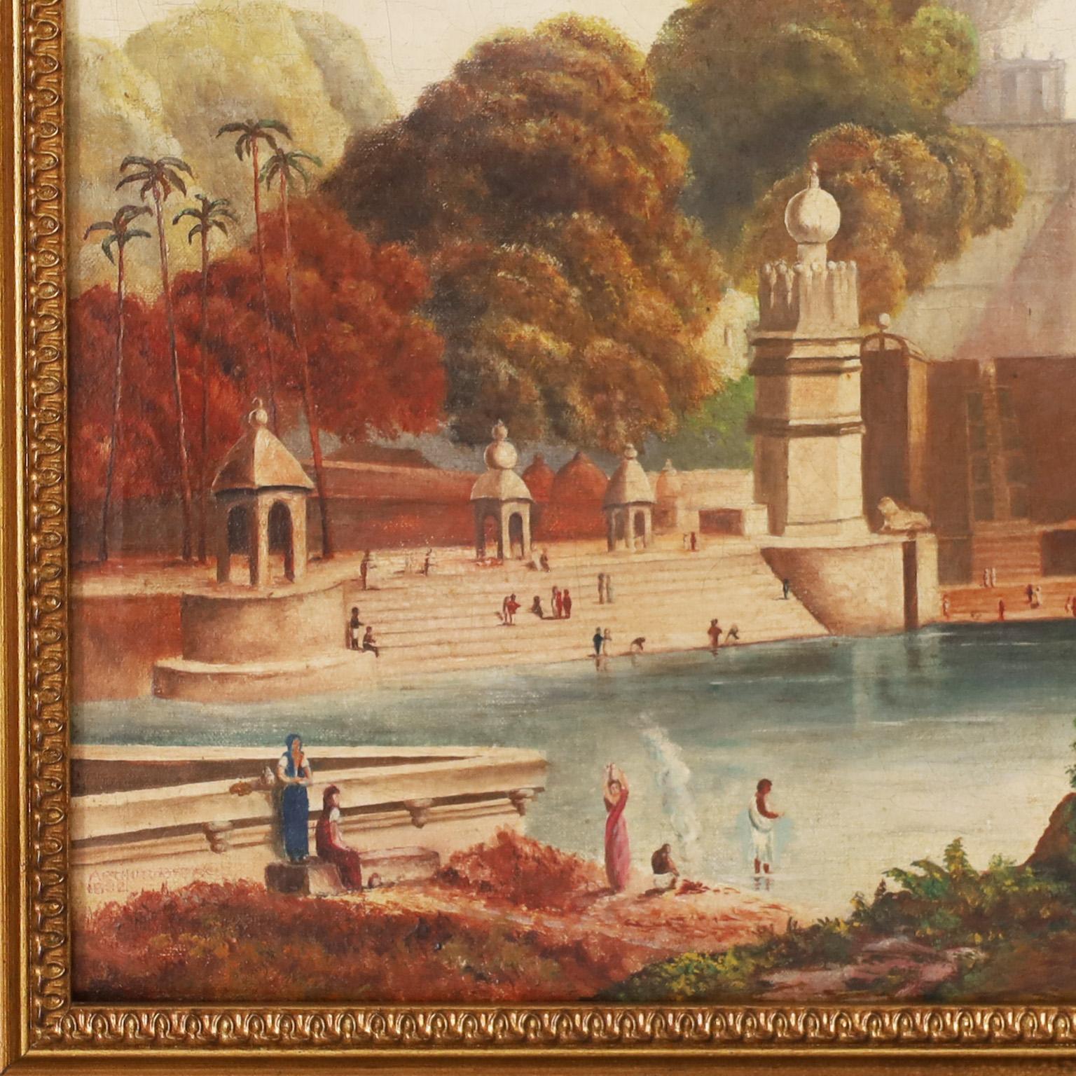 19th Century Antique British Colonial Oil Painting on Canvas of an Indian Palace