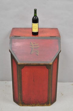 Antique British Colonial Red Painted Wooden Store Tea Coffee Bin w/ Asian Symbol