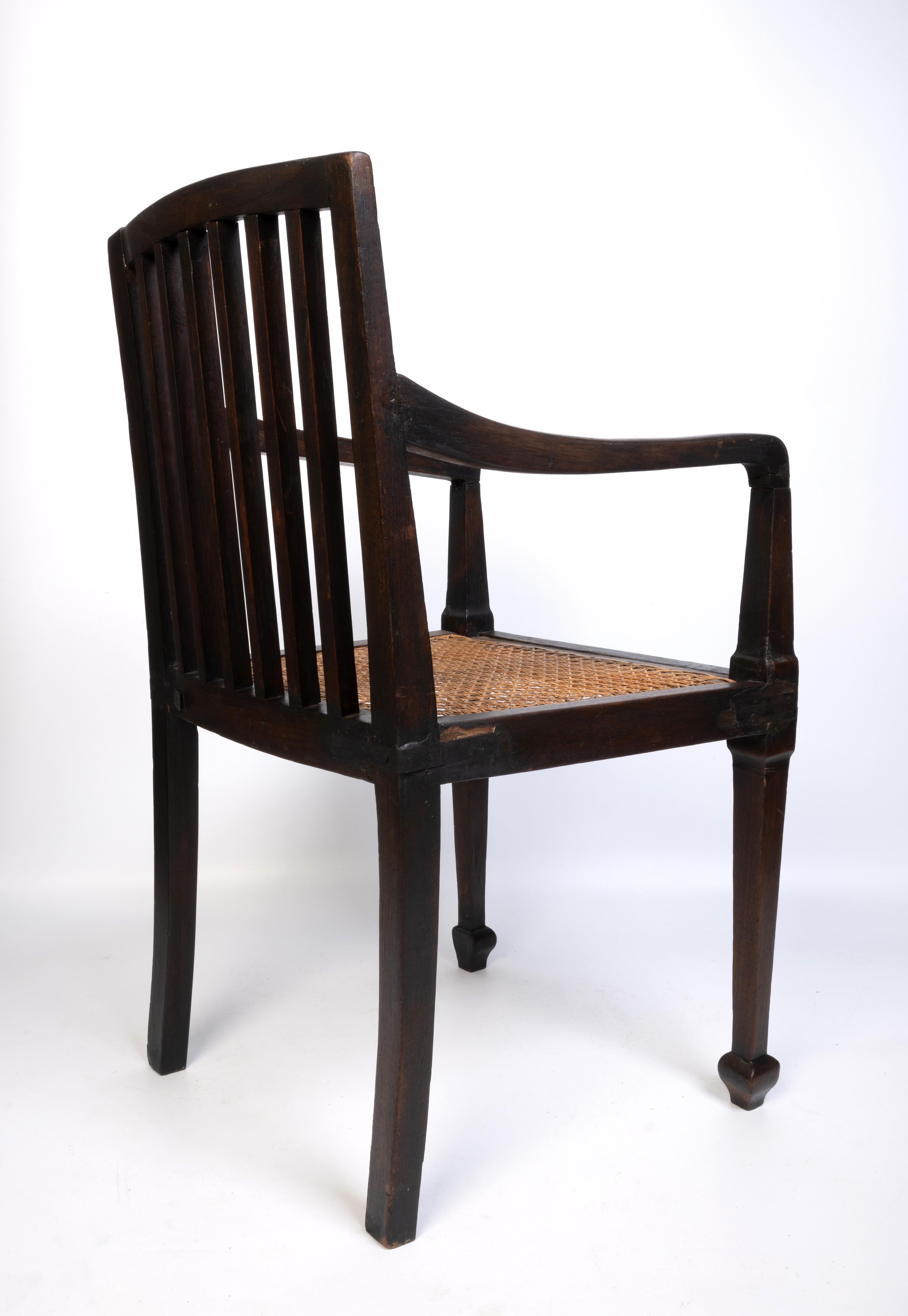Antique British Colonial Teak and Rattan Hall Elbow Chair, C. 1900 For Sale 5