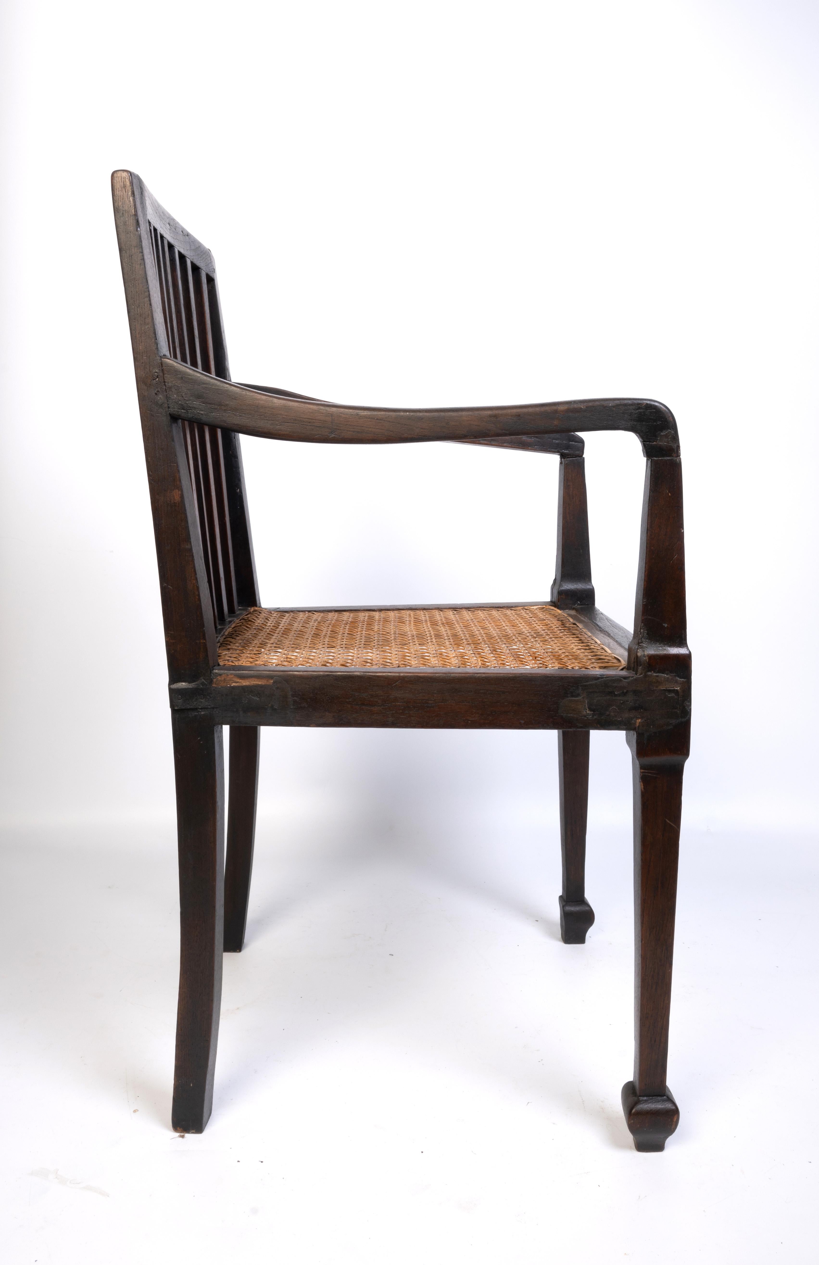 Antique British Colonial Teak and Rattan Hall Elbow Chair, C. 1900 For Sale 6