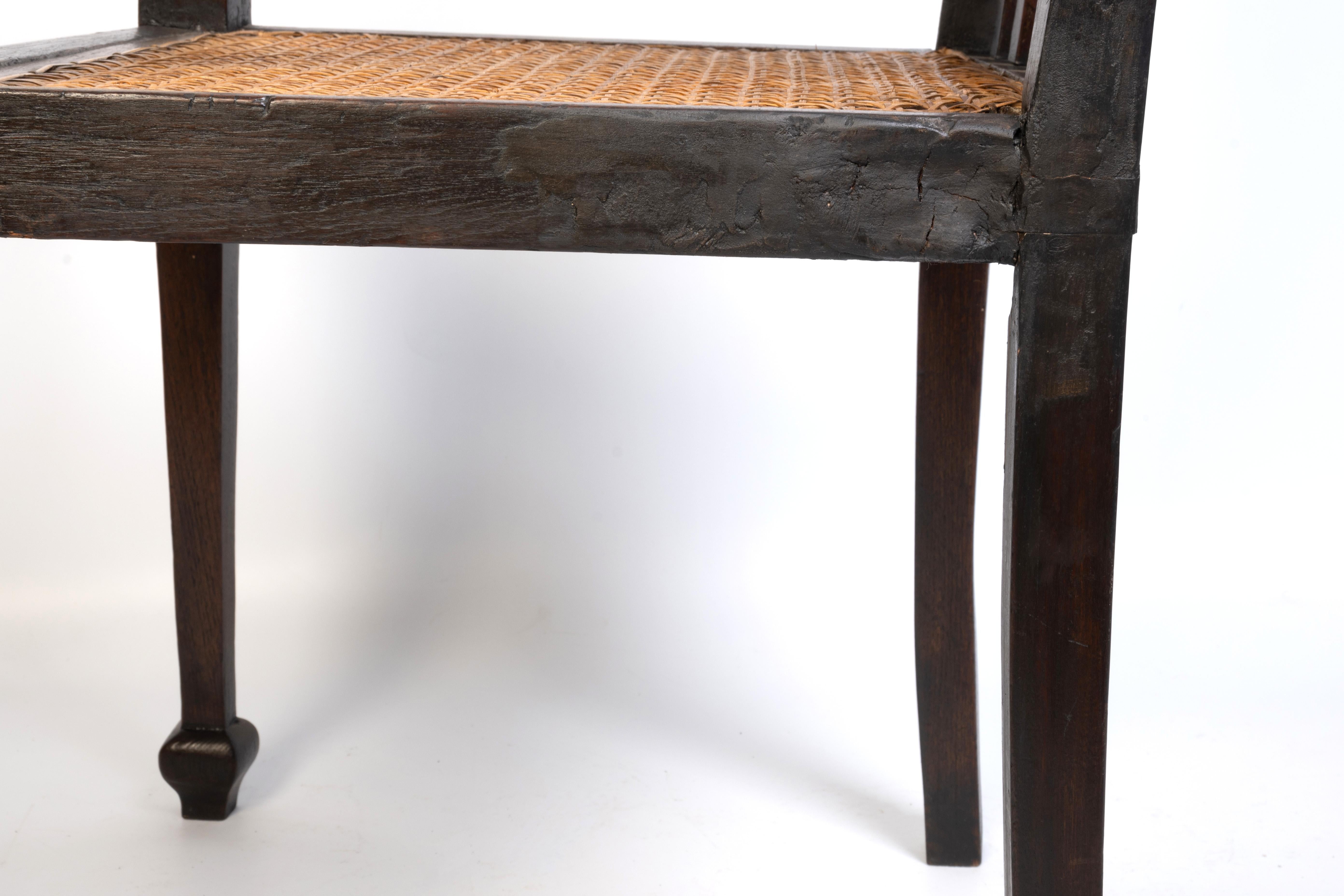 Antique British Colonial Teak and Rattan Hall Elbow Chair, C. 1900 For Sale 1