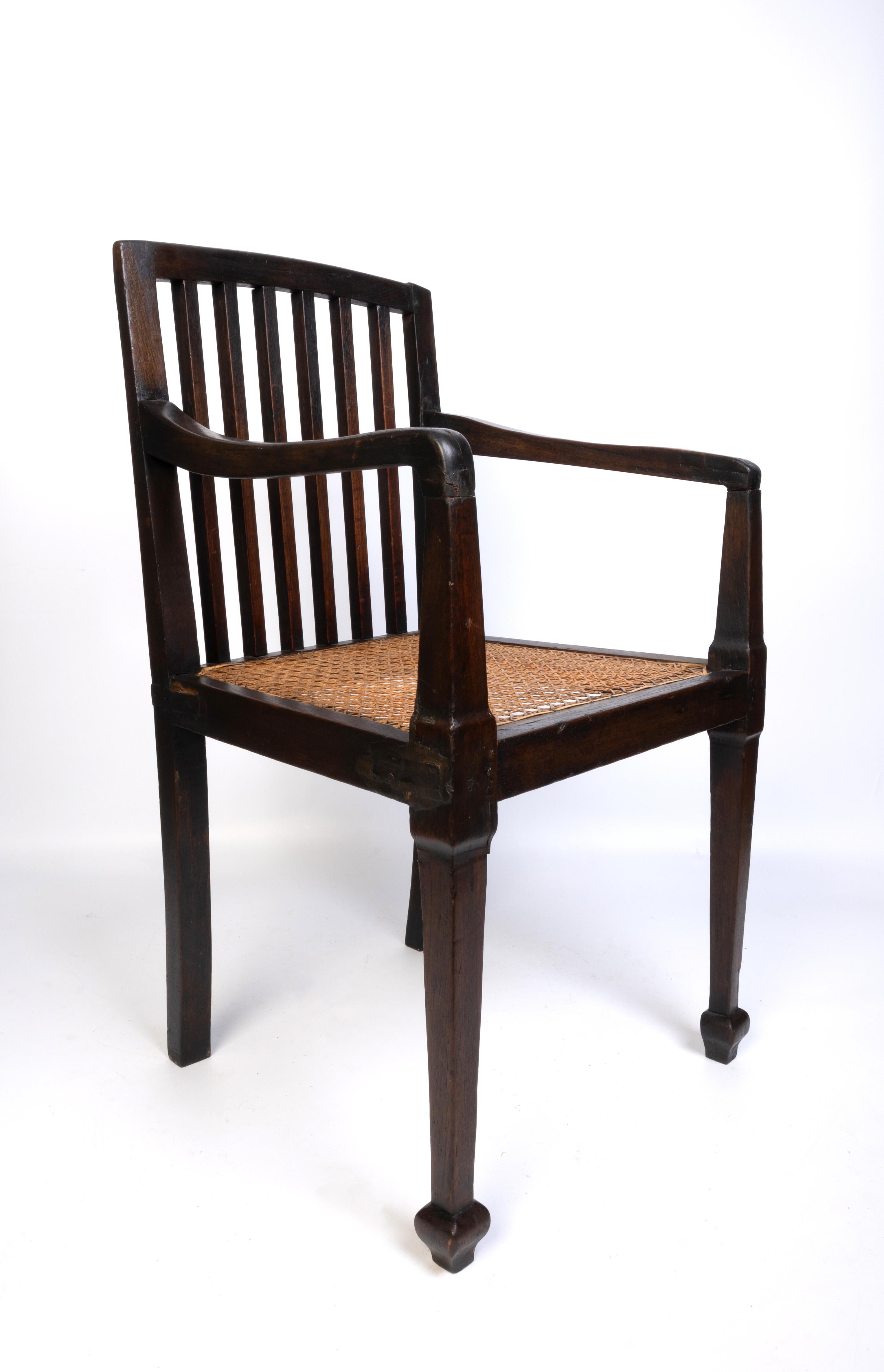 Antique British Colonial Teak and Rattan Hall Elbow Chair, C. 1900 For Sale 2