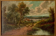 Antique British Countryside Oil Painting in the Manner of E. Horton, Gilt Frame
