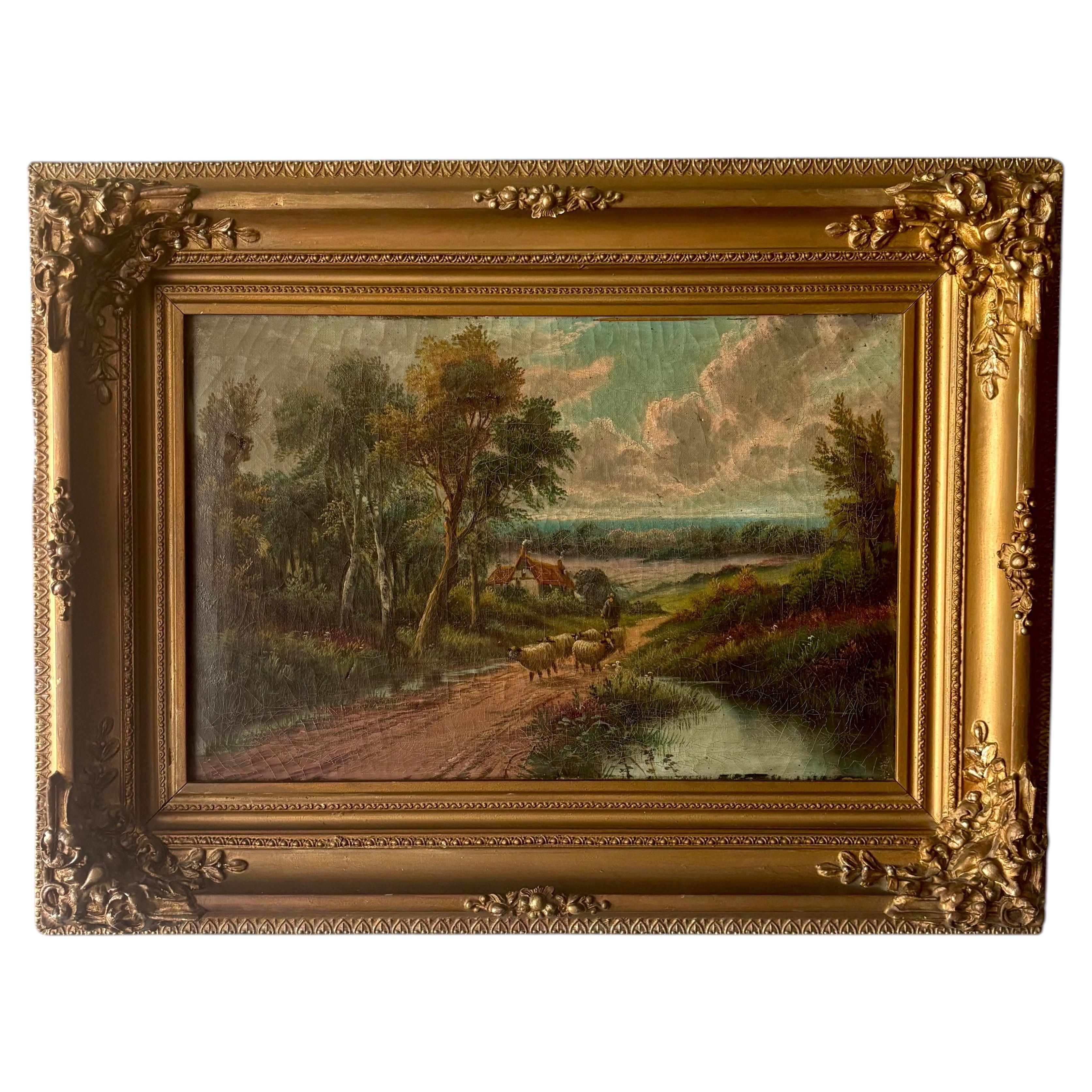 Antique British Countryside Oil Painting in the Manner of E. Horton, Gilt Frame