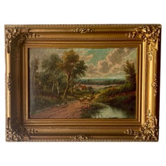 Antique British Countryside Oil Painting in the Manner of E. Horton, Gilt Frame