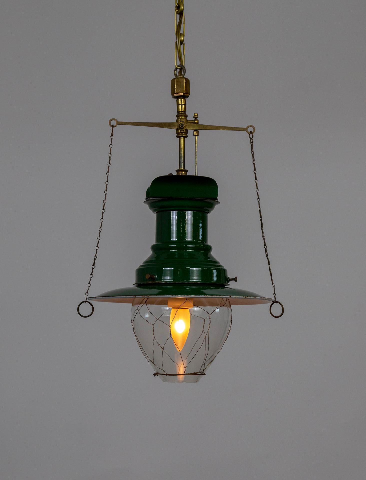 Antique British Green Enameled Nautical Lantern In Good Condition In San Francisco, CA