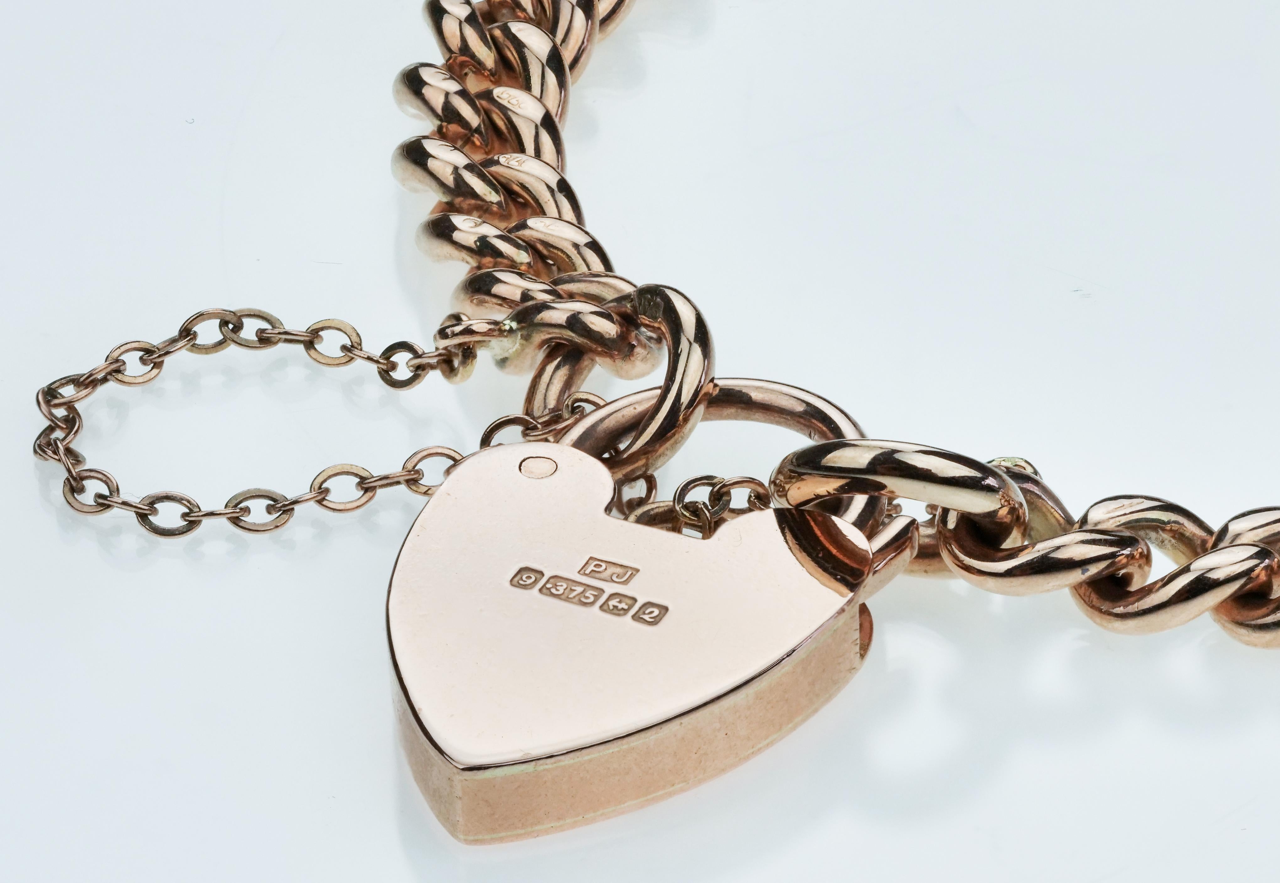 Retro British Hallmarked 1965 Rose Gold Chain Curb Bracelet with Heart Padlock