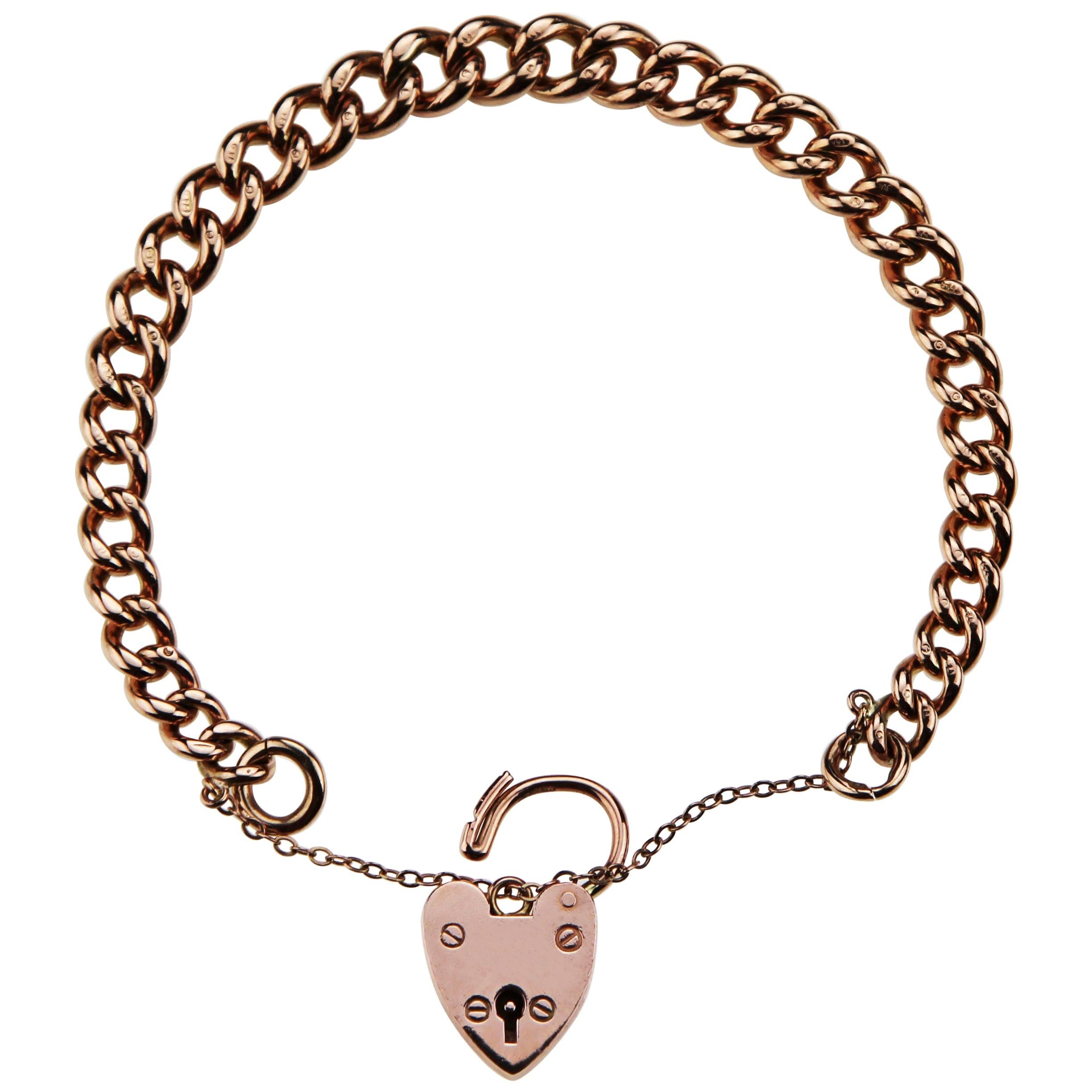  British Hallmarked 1965 Rose Gold Chain Curb Bracelet with Heart Padlock