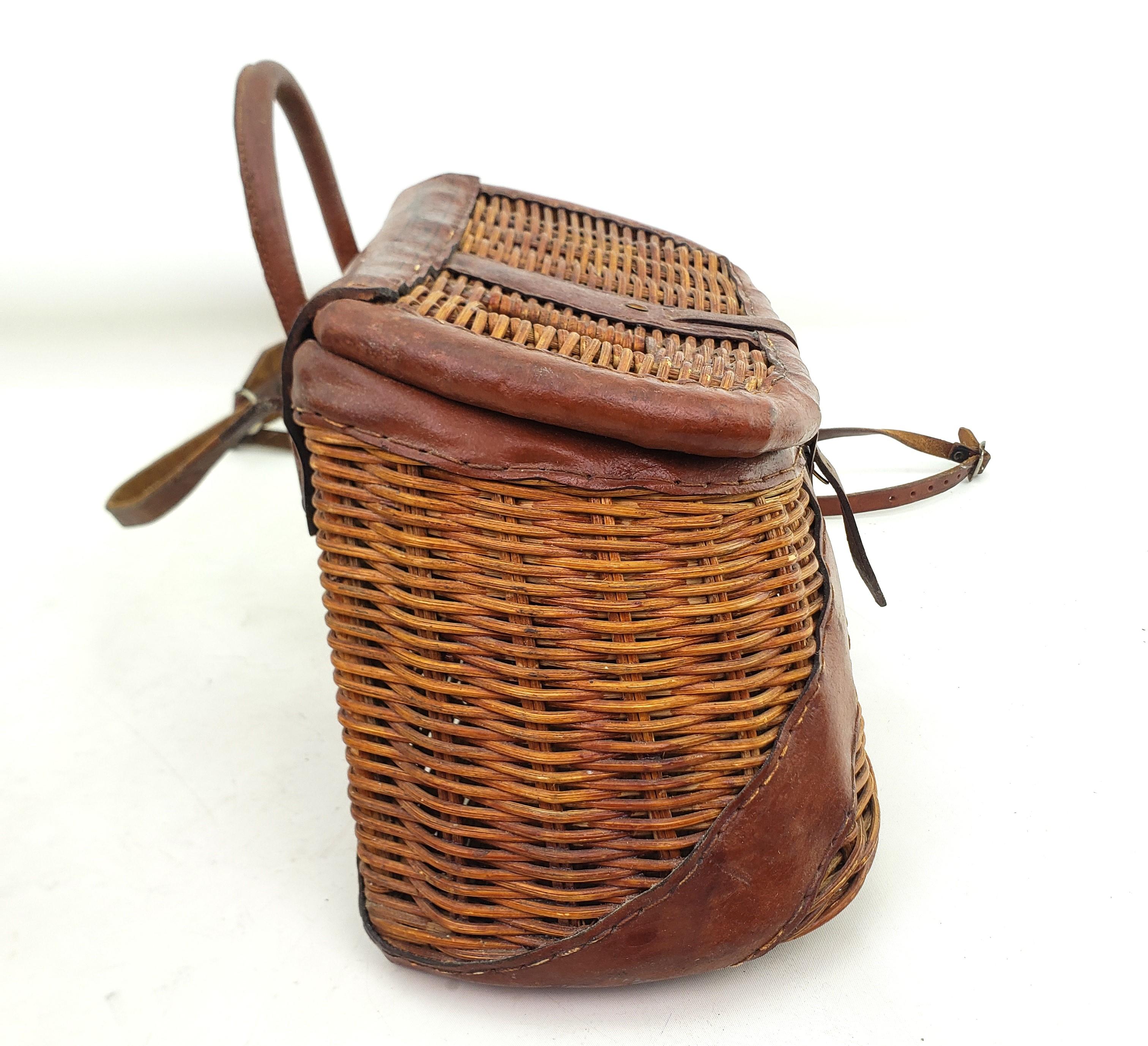 20th Century Antique British Hong Kong Wicker & Leather Fishing Creel or Basket with Straps For Sale