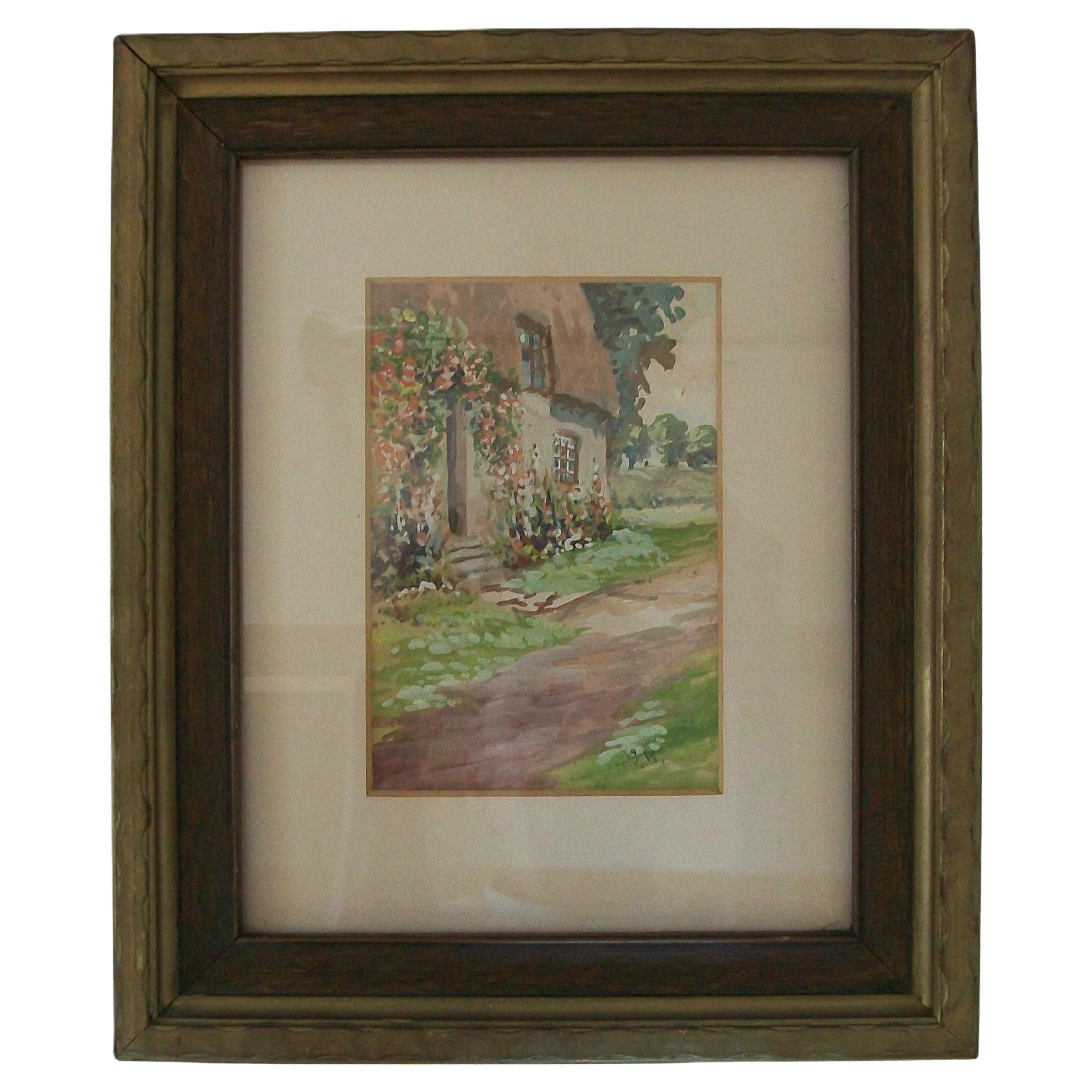 Antique British Pintura impresionista en acuarela - Cabaña con tejado de paja - C. 1920's
