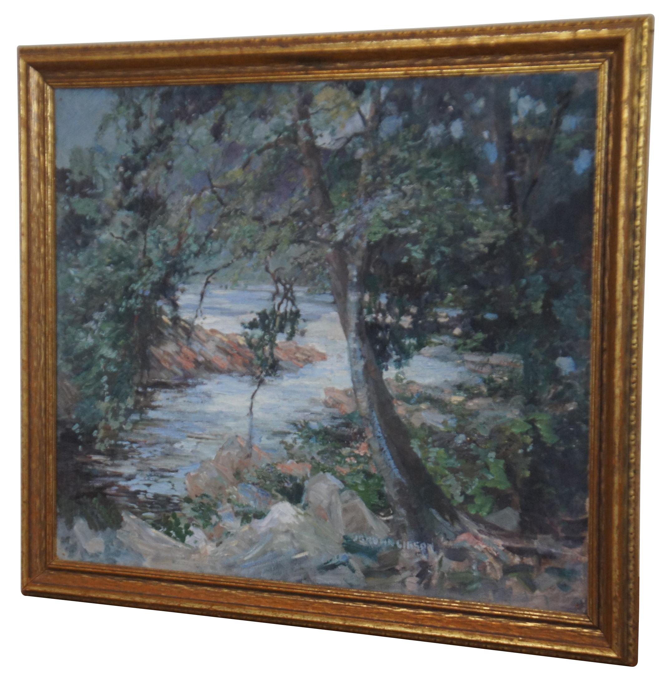 Antique James Brown Gibson impressionist oil painting on canvas featuring a river landscape bending through the forest, most likely the Dochart River in Scotland.

Signed by artist on front of canvas and back of frame, canvas marked London on