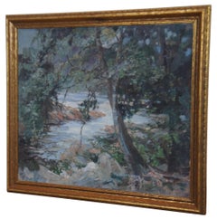 Antique British J. Brown Gibson Impressionist River Landscape Oil Painting 23"
