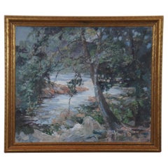 Antique British J. Brown Gibson Impressionist River Landscape Oil Painting 23"