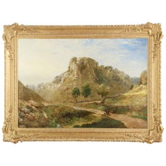 Antique British Landscape Oil Painting of Path through Mountains, 19th Century