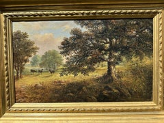 Antique British Landscape Painting with Deer Beneath an Oak Tree, Oil on Canvas