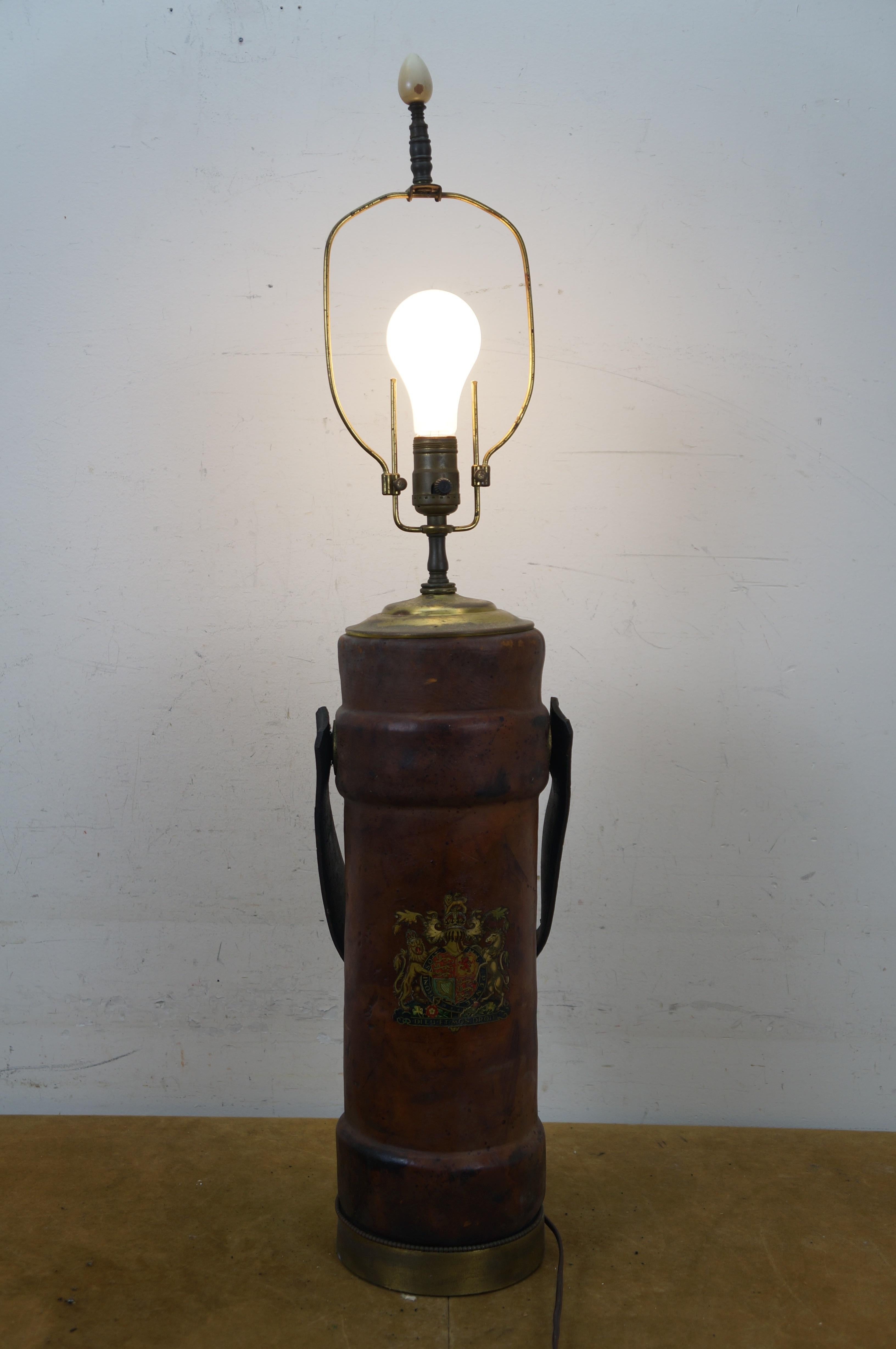 Antique British Leather Coat of Arts Cordite Gunpower Bucket Desk Lamp 35
