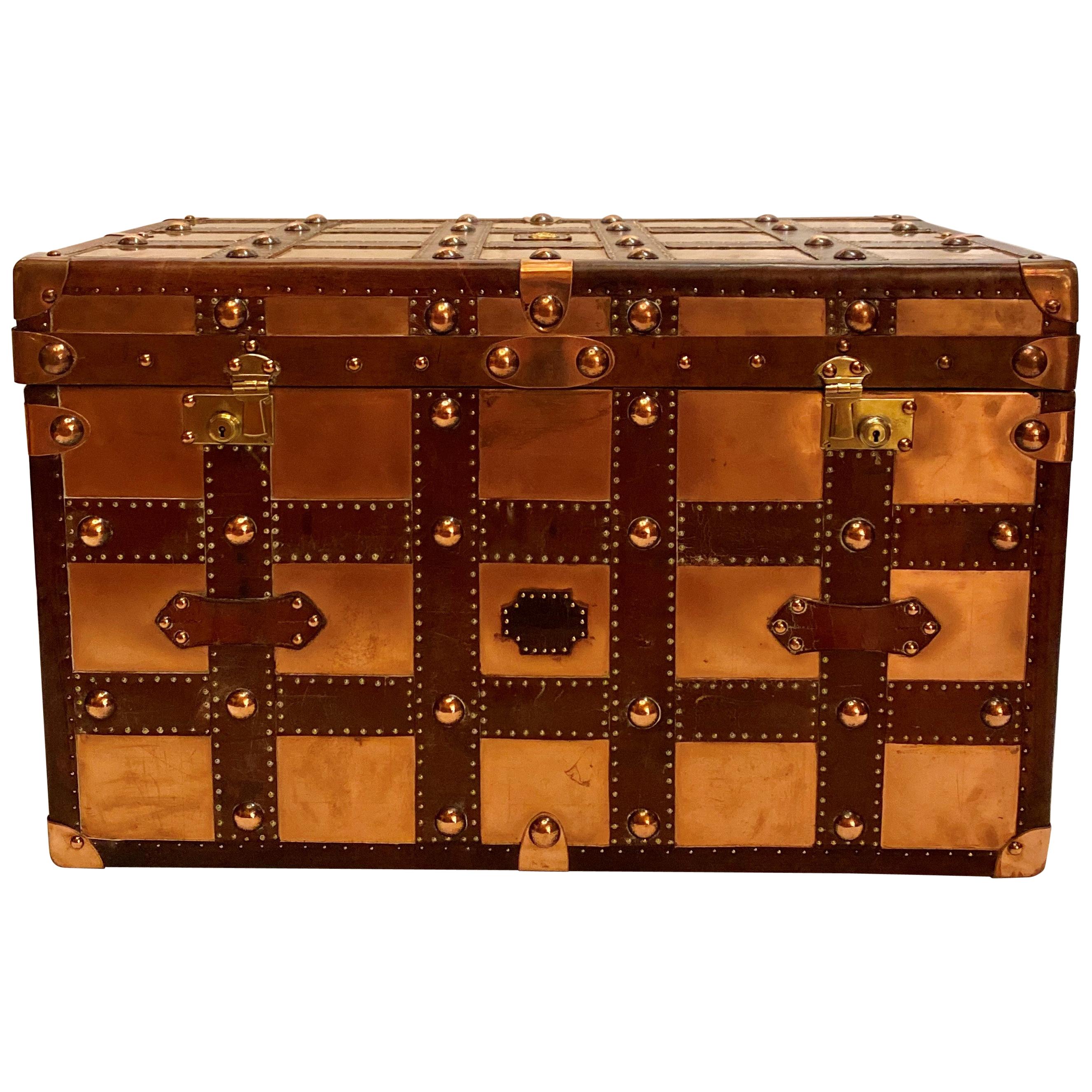Antique British Military Officer's Trunk, Copper and Leather, circa 1890