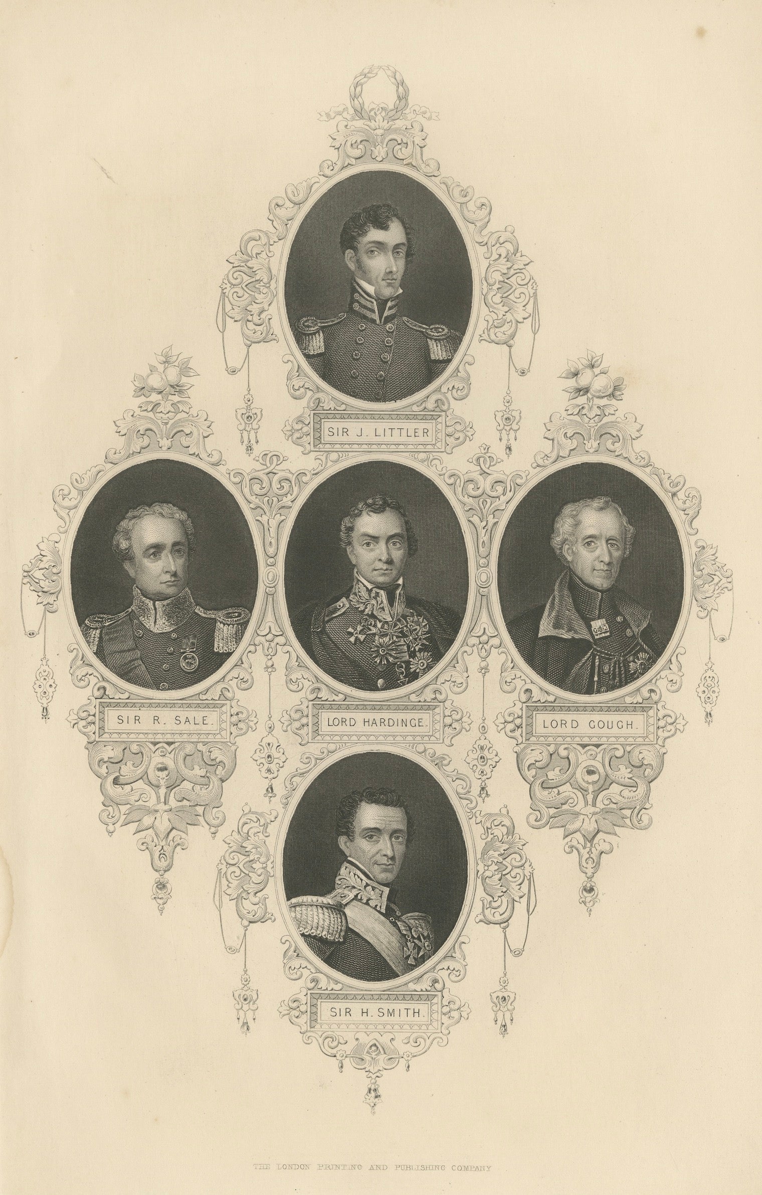 Antique British Military Portrait Print – Sikh War Generals, c.1850