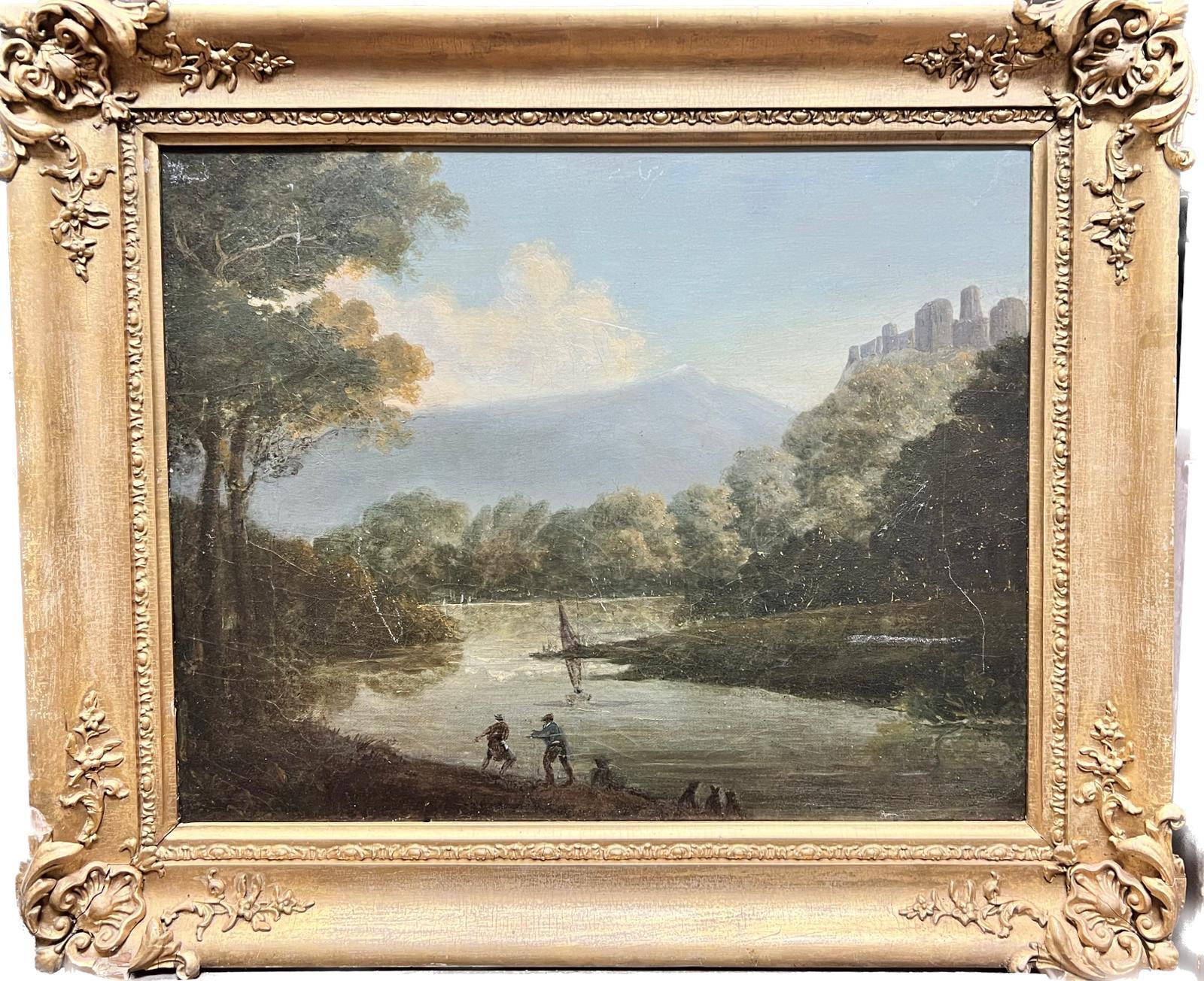 18th Century Oil River View Fishermen Pulling in Nets Hill Top Castle Beyond - Painting by Antique British