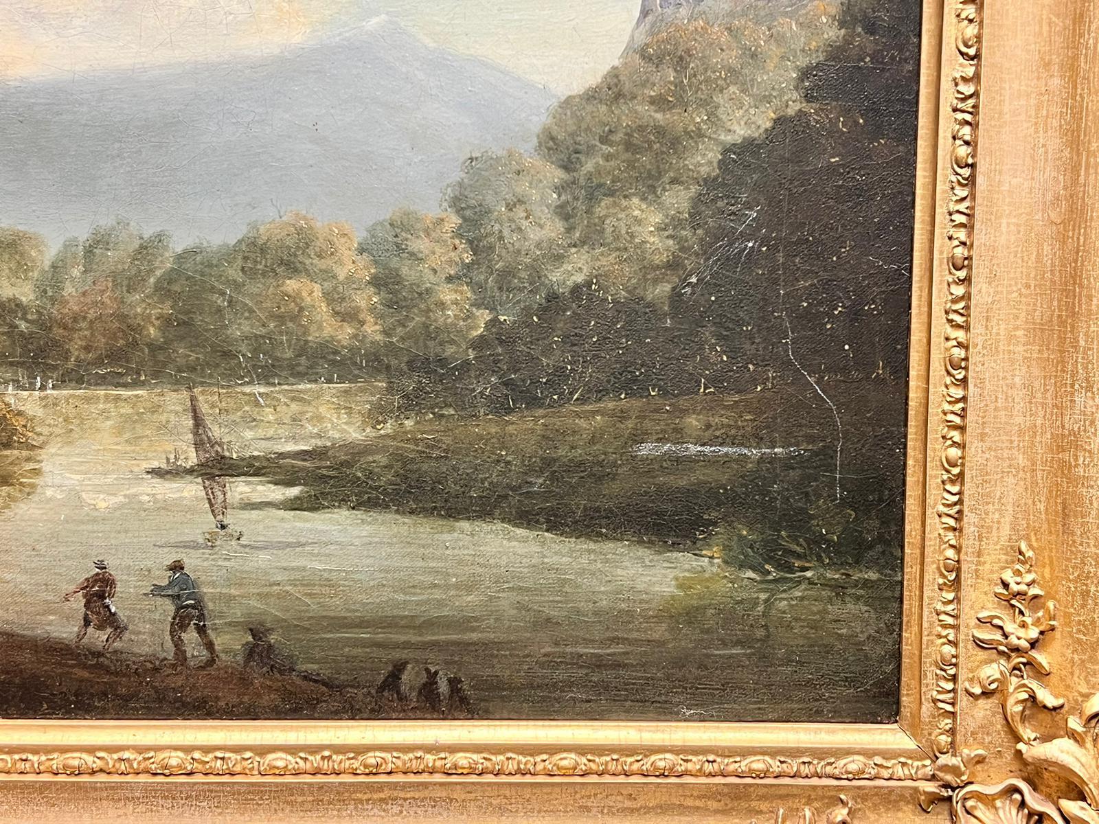 18th Century Oil River View Fishermen Pulling in Nets Hill Top Castle Beyond - Victorian Painting by Antique British