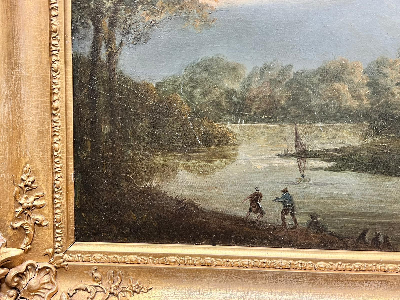 18th Century Oil River View Fishermen Pulling in Nets Hill Top Castle Beyond 3