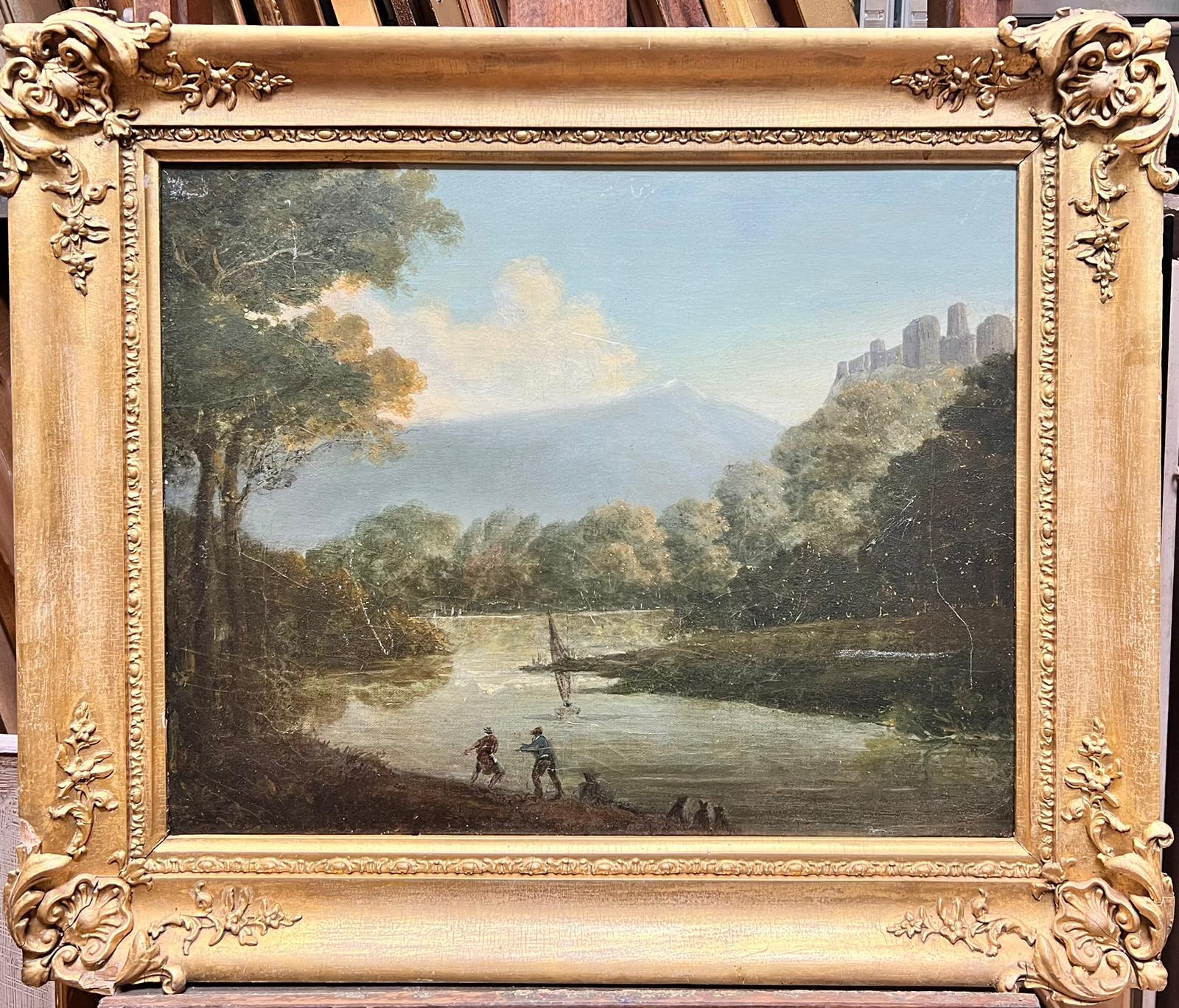 Antique British Figurative Painting - 18th Century Oil River View Fishermen Pulling in Nets Hill Top Castle Beyond