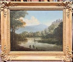 Antique 18th Century Oil River View Fishermen Pulling in Nets Hill Top Castle Beyond