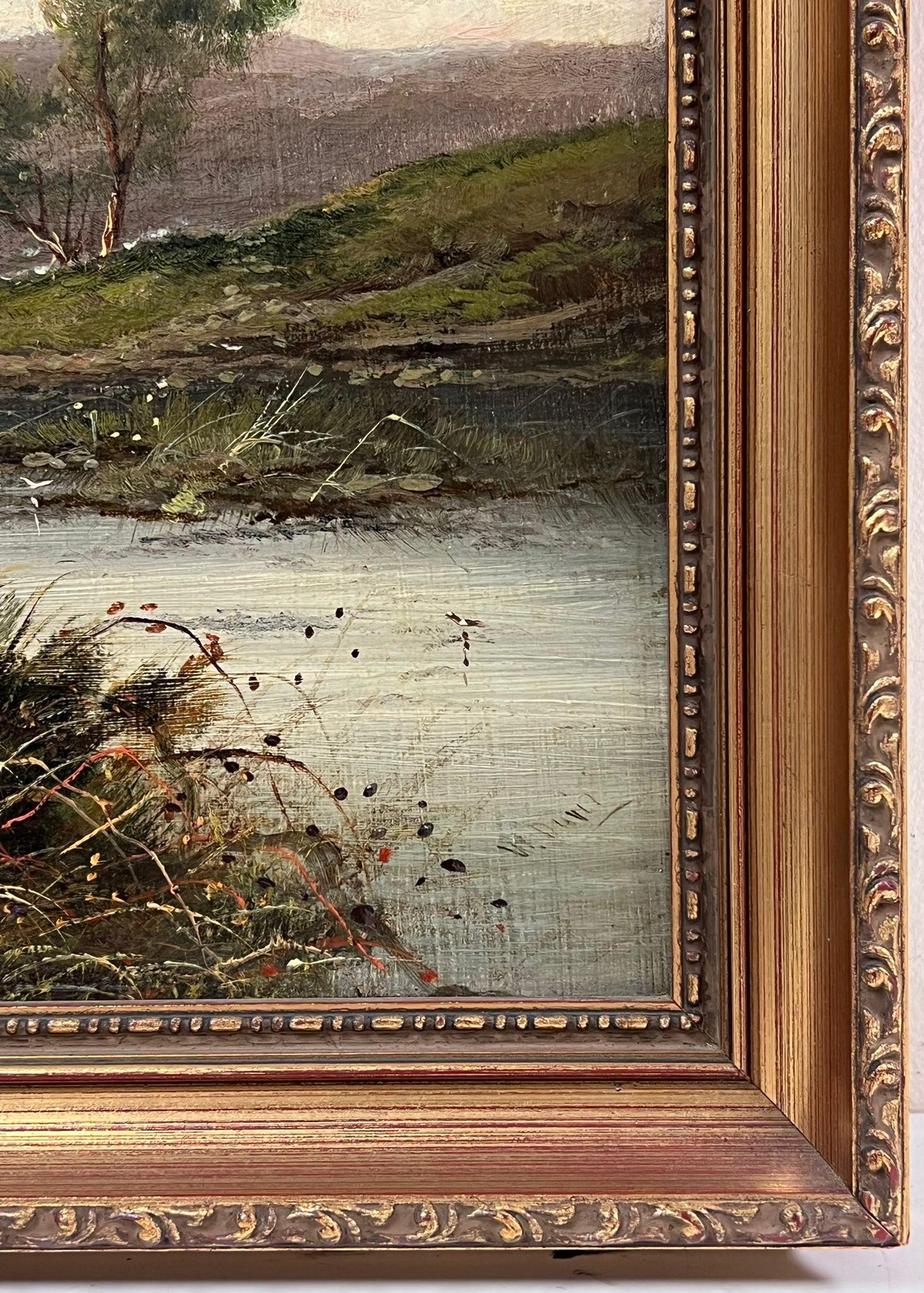 19th Century British Oil Painting Angler in River Landscape Rising Hills & Sky 3