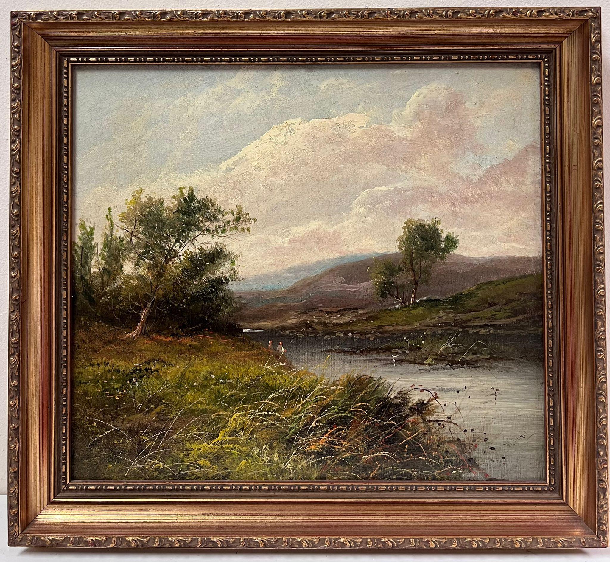 Antique British Landscape Painting - 19th Century British Oil Painting Angler in River Landscape Rising Hills & Sky