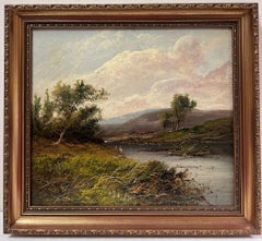 19th Century British Oil Painting Angler in River Landscape Rising Hills & Sky
