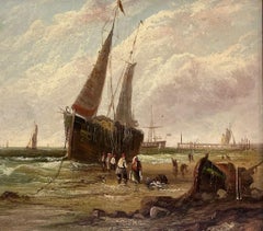 Peinture à l'huile britannique du 19e siècle représentant un pêcheur sur une plage avec des bateaux, signée d'origine
